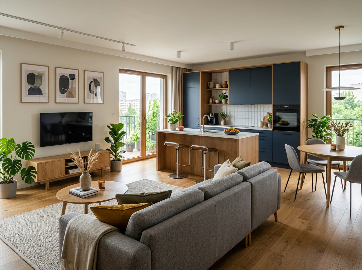 Open plan kitchen living room – sofa with its back to the kitchen and an island dividing the zones