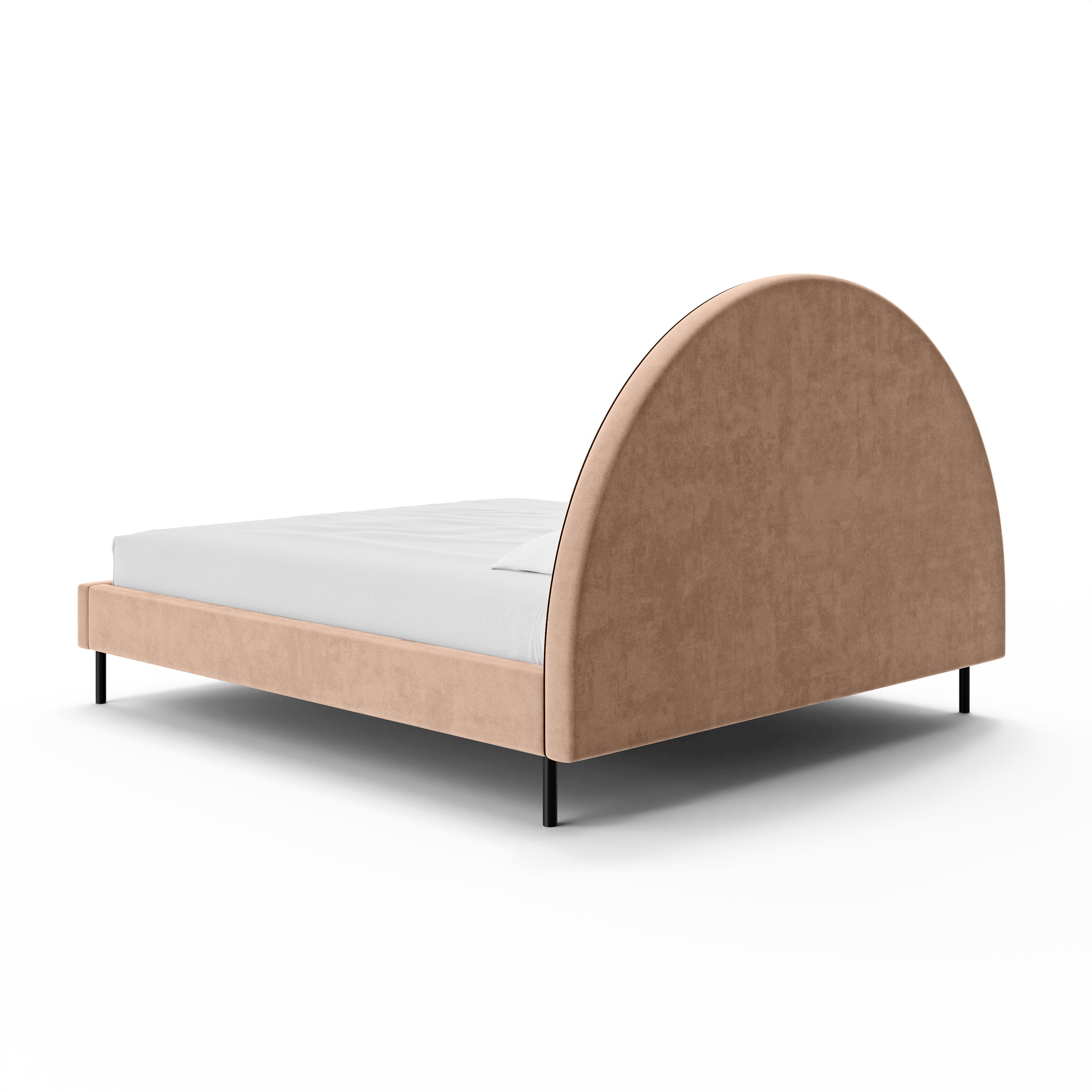 Łóżko tapicerowane z półokrągłym zagłówkiem i pojemnikiem w stylu soft modern | Zora