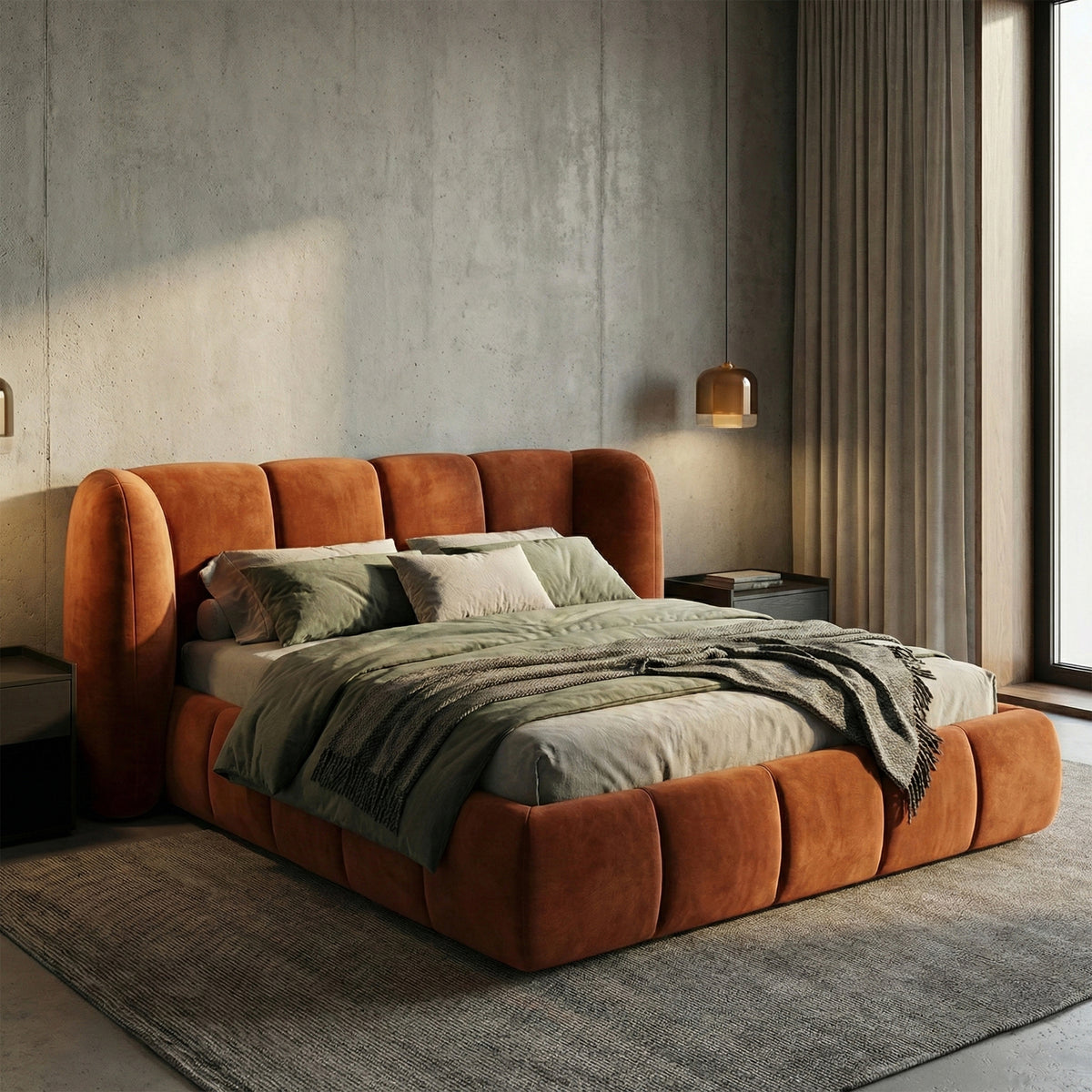 Łóżko tapicerowane pikowane z pojemnikiem w stylu soft modern | Ventara