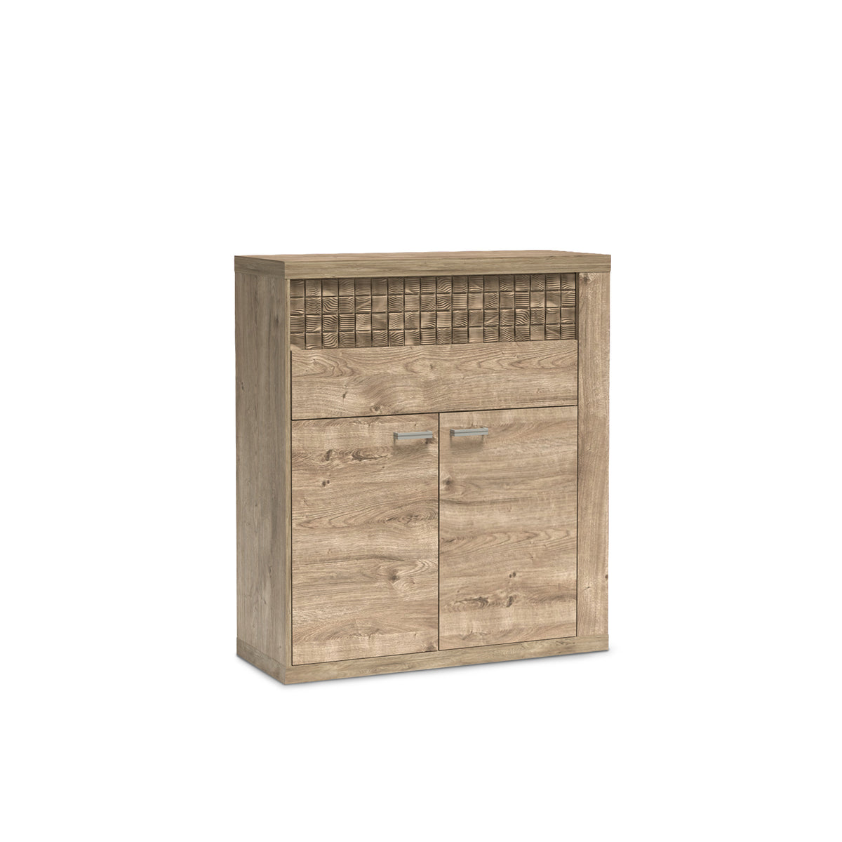 Komoda Korin 102x119 w kolorze dąb – komoda z szufladami, szafką i ryflowanym frontem, widok z ukosa