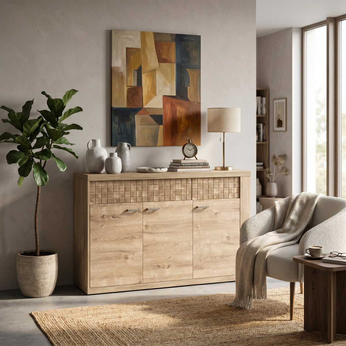 Komoda Korin 147x99 w salonie z obrazem, lampą i rośliną – szeroka komoda do salonu w stylu boho