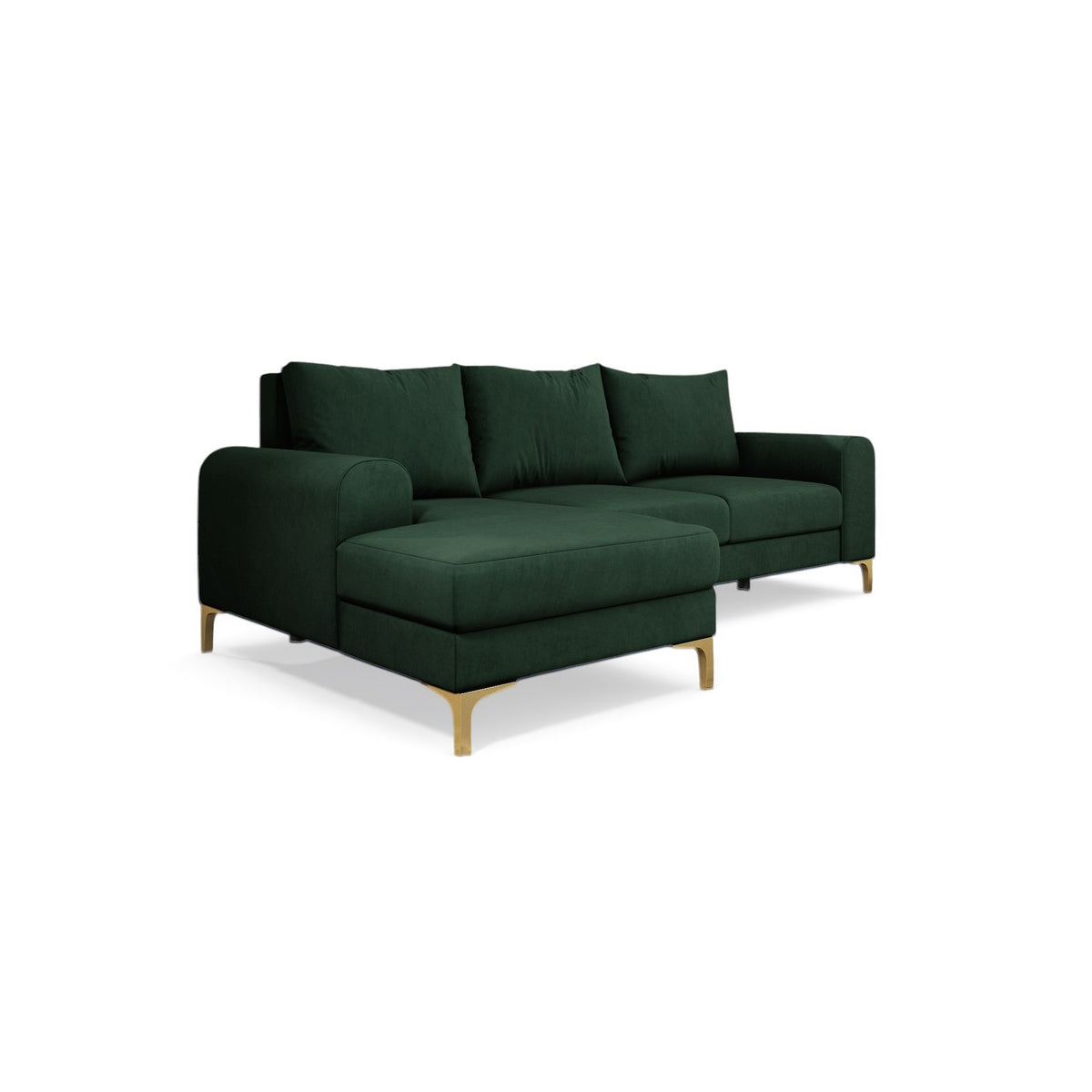 Narożnik Arpelo 245x145 lewostronny Leśny Mech (MANILA 35) na złotych nóżkach – nowoczesny narożnik w stylu boho