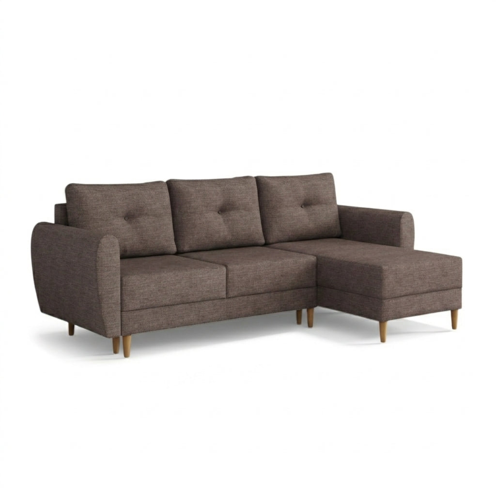 Pikowany narożnik Harmi 235 cm Piaskowy Taupe (SAWANA 12), wersja prawostronna na drewnianych nóżkach