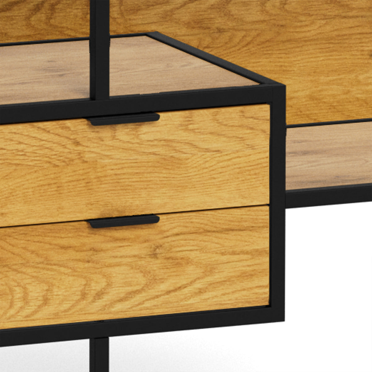 Niski regał Skeleto 114x78 Dziki Dąb – zbliżenie dwóch szuflad z czarnymi uchwytami, regał z szufladami