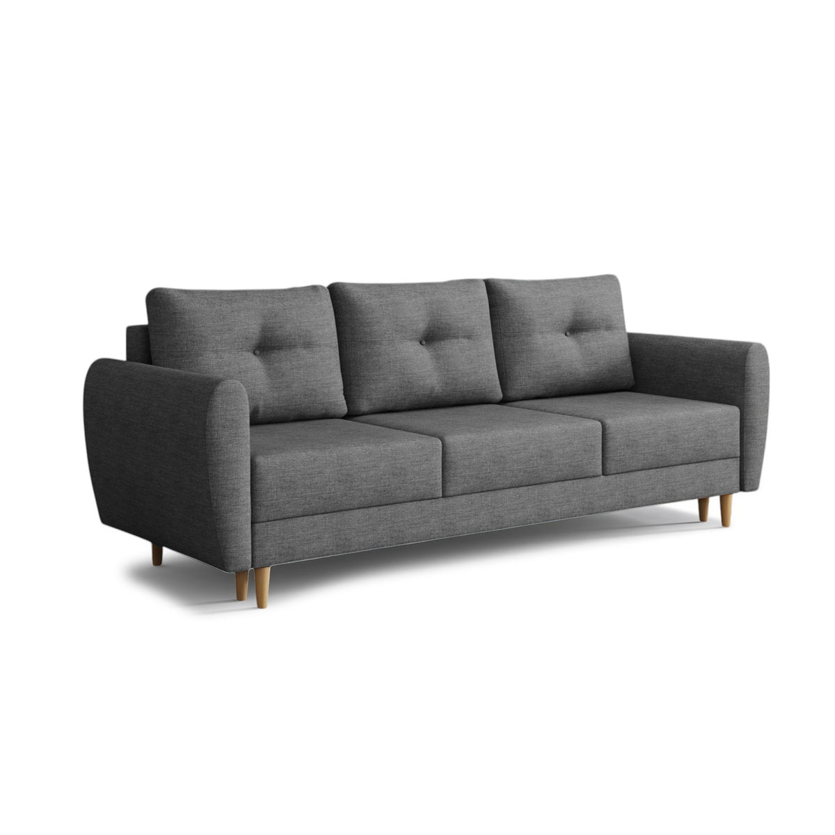 Sofa Harmi 235 cm Atramentowy Łupek (SAWANA 06) – trzyosobowa sofa z pojemnikiem na pościel na bukowych nóżkach