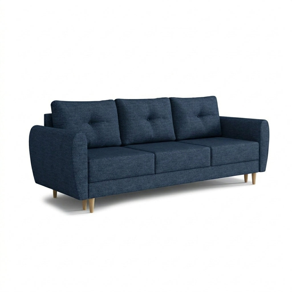 Sofa Harmi 235 cm Burzowy Granat (SAWANA 20) – trzyosobowa sofa z pojemnikiem na pościel na bukowych nóżkach