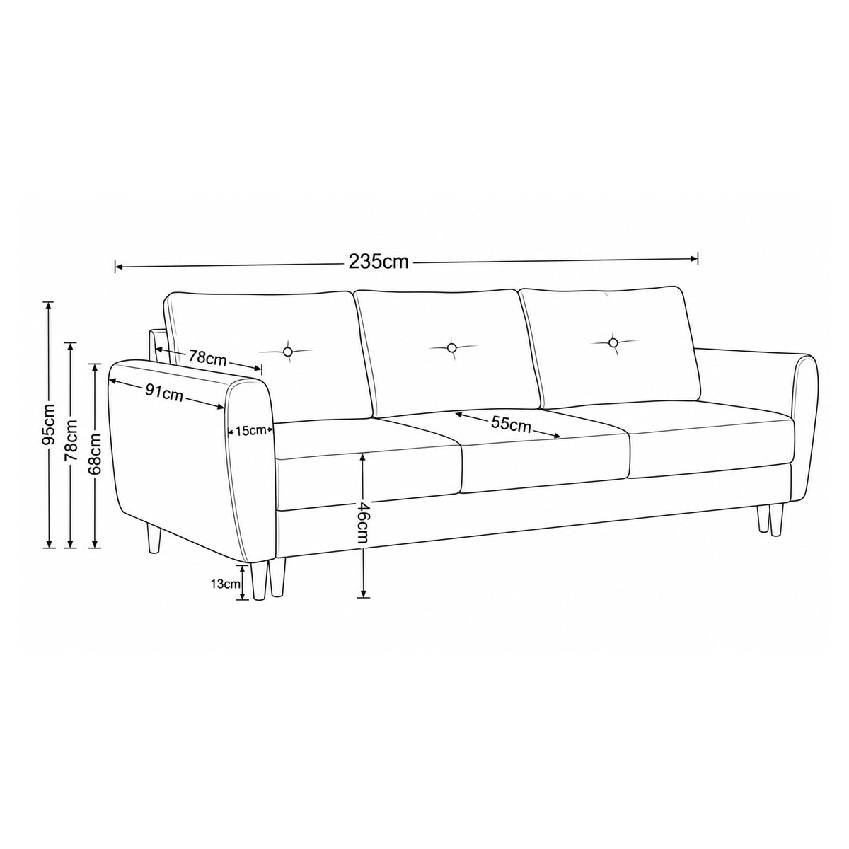 Sofa Harmi 235 cm – rysunek wymiarowy z szerokością, głębokością, wysokością siedziska i nóżek