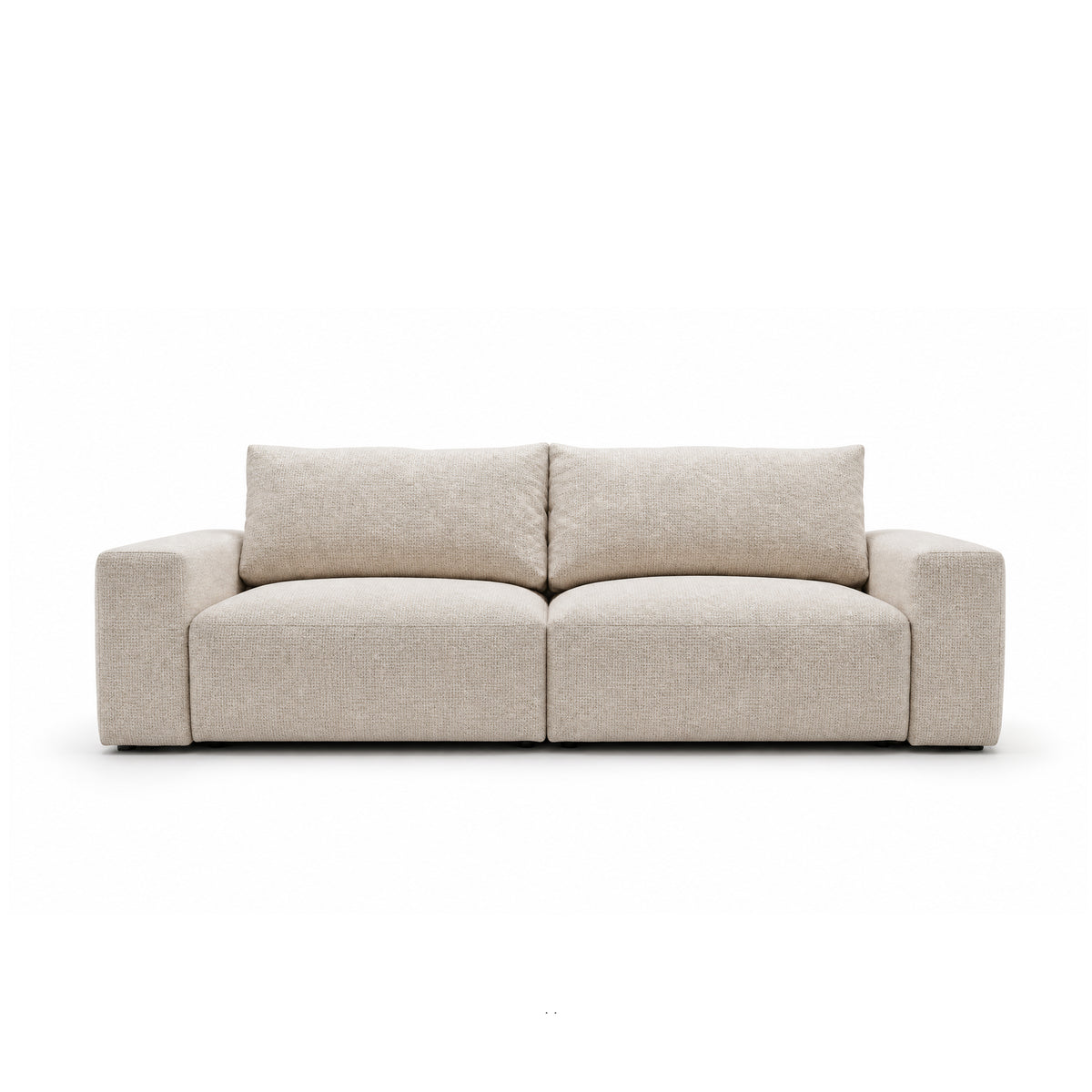 Sofa modułowa Iskeli 260 cm Kremowy Taupe (ARAGON 03) z przodu – dwa moduły z podłokietnikami i niskie czarne nóżki