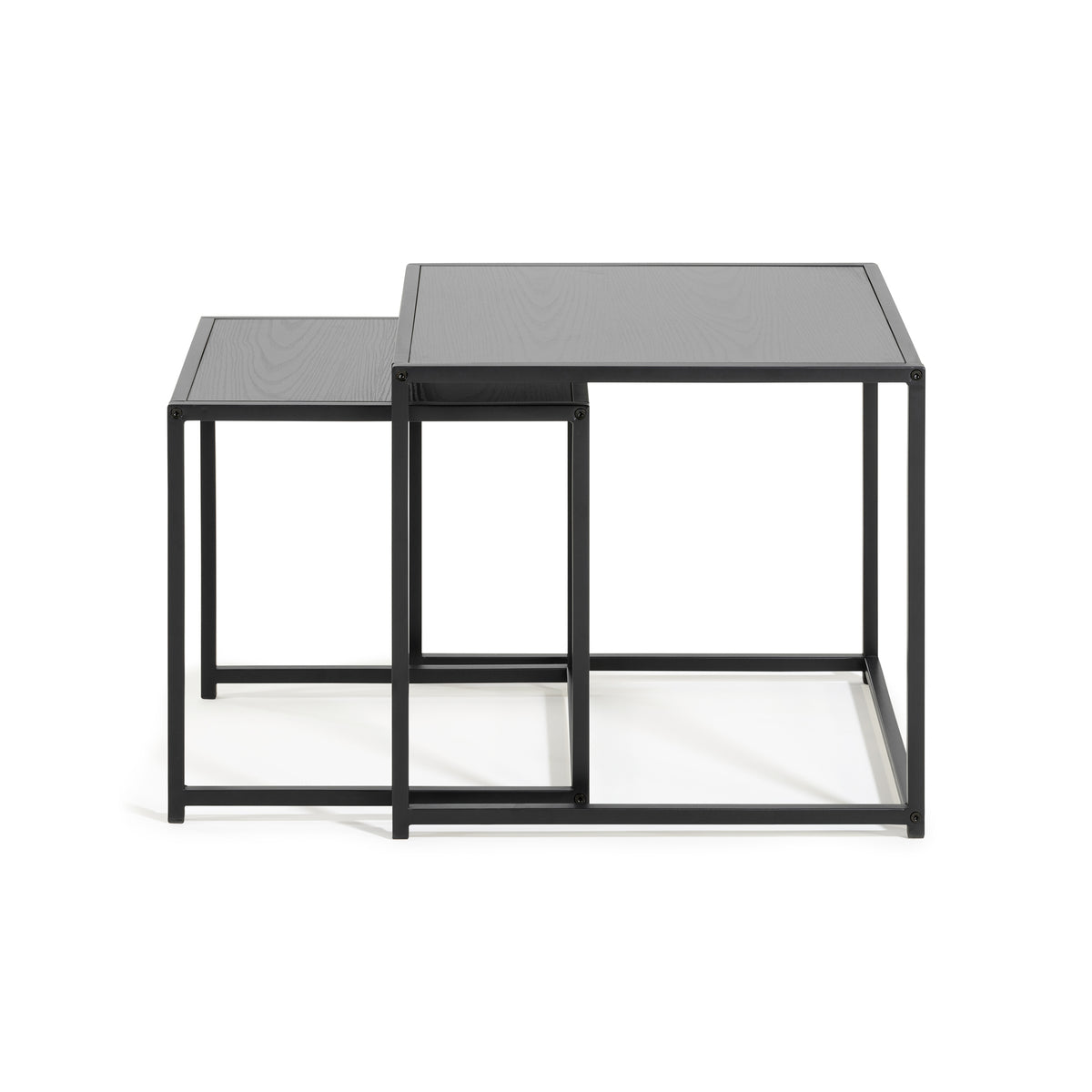 Stoliki Skeleto 50x45 Czarna Melamina z boku – blaty w kolorze czarnego jesionu na stalowej ramie