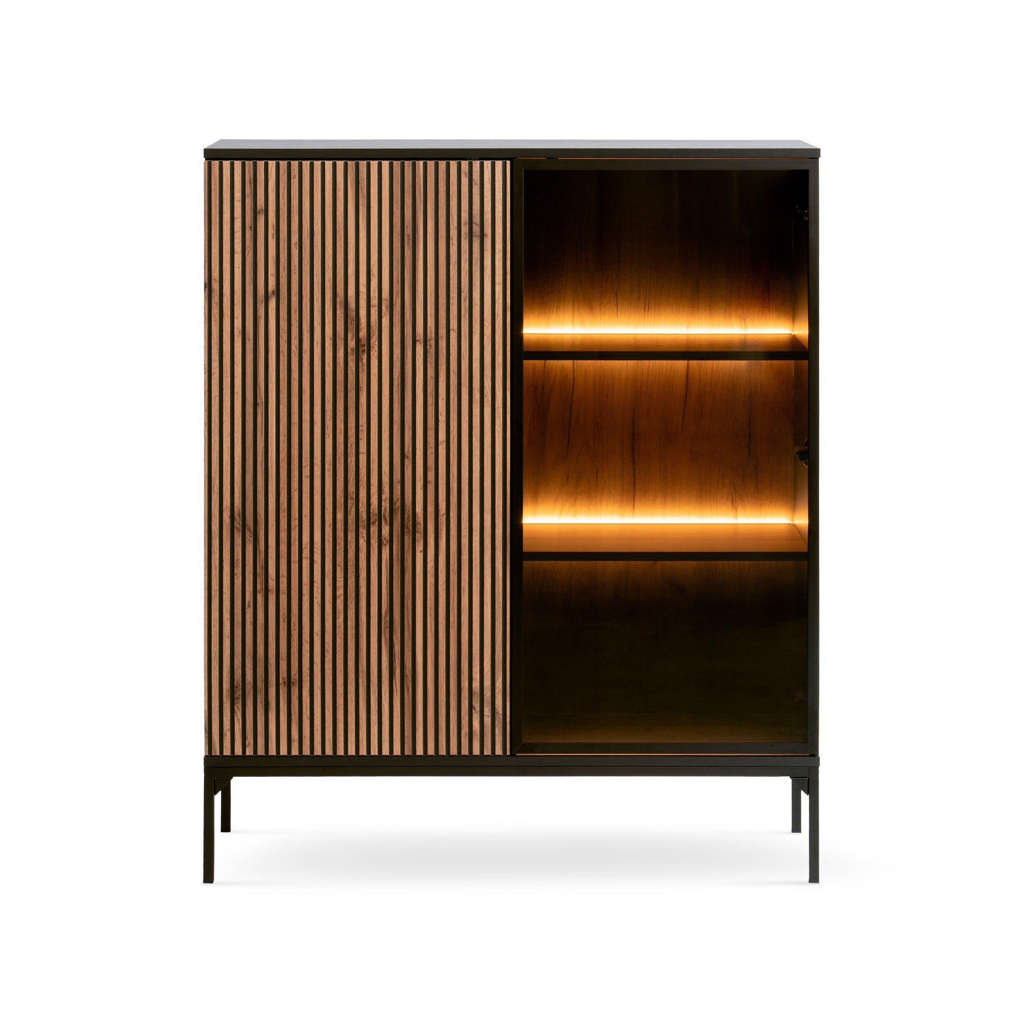 Komoda z drzwiami i szufladą 104x126 w stylu loft - LED, lamele, push-to-open | Lampy