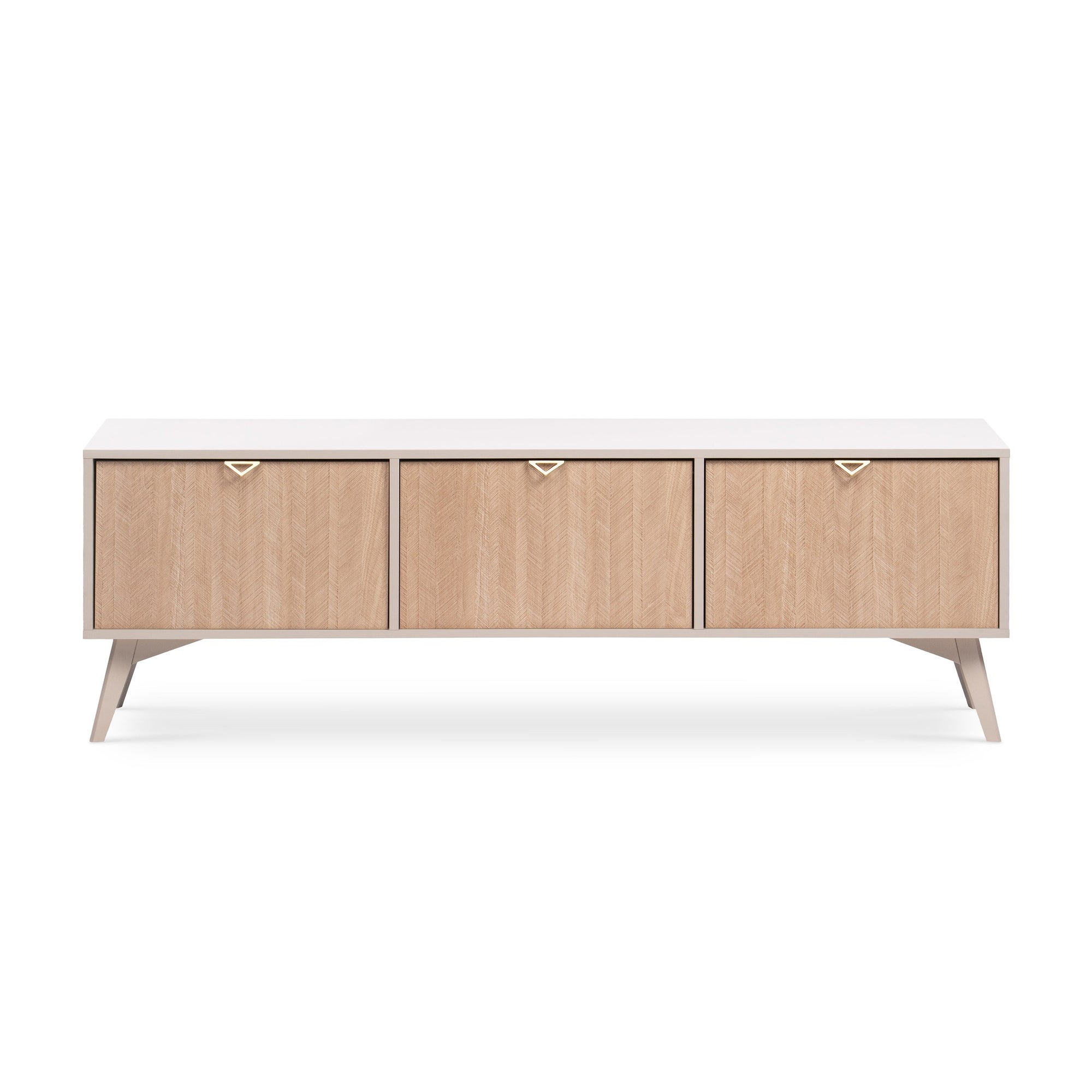 Szafka RTV 158x52 w stylu boho - fronty w jodełkę scandi, złote uchwyty, drewniane nogi | Mandala