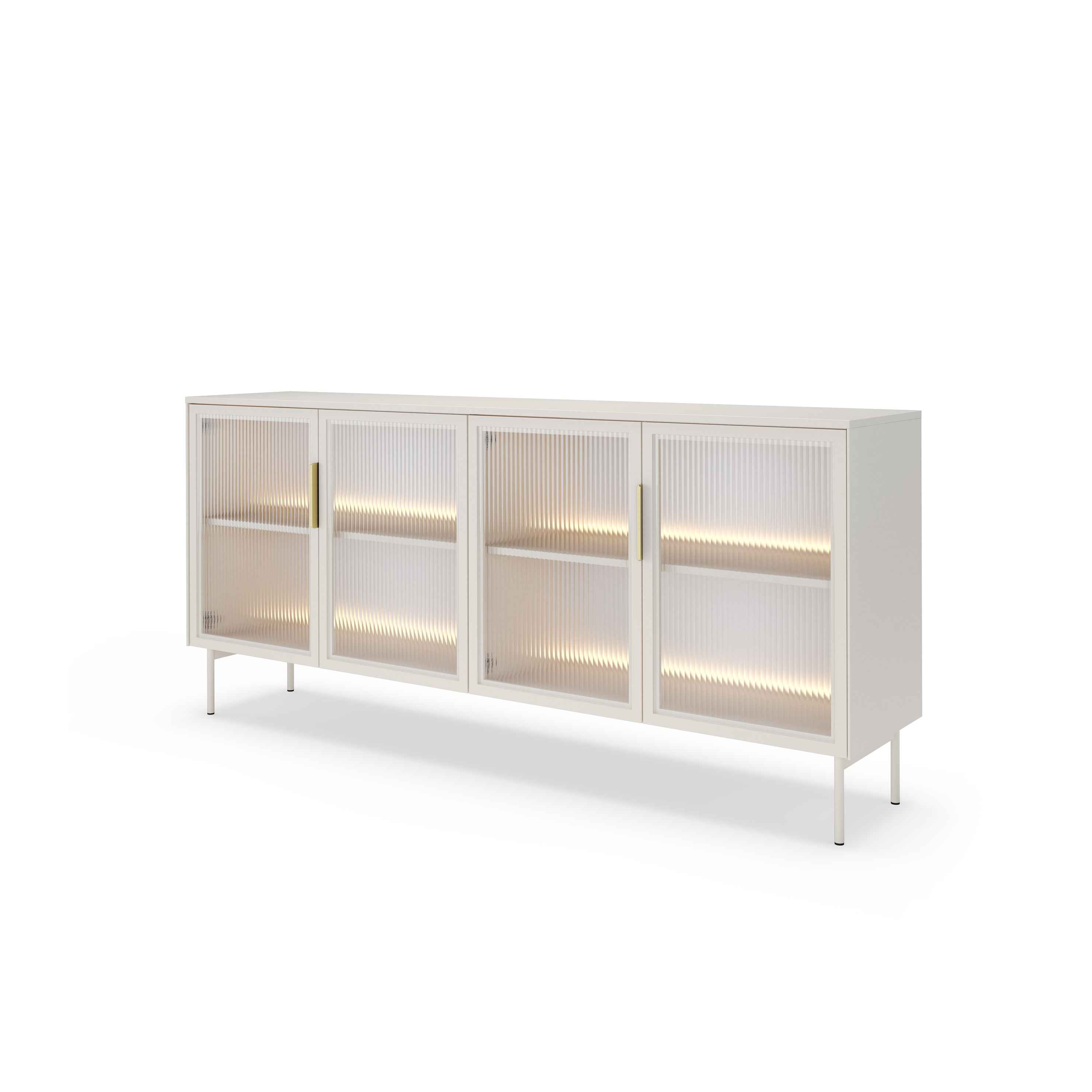 Komoda 181x83 z drzwiami w stylu eleganckim - przeszklone fronty flutes, metalowe nogi, LED | Lummer Kaszmir