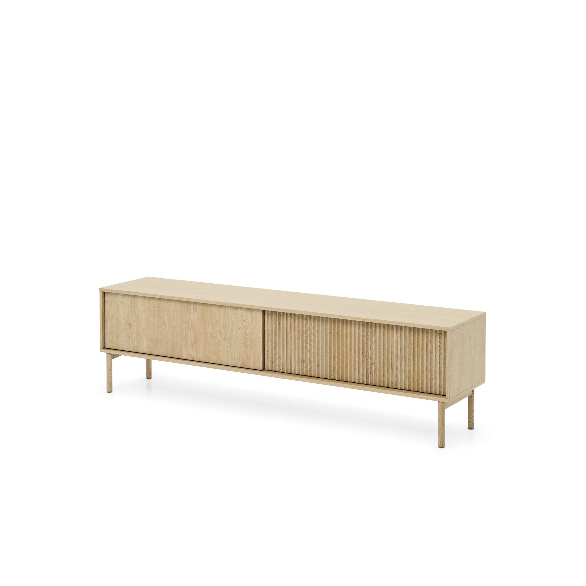 Szafka RTV 187x52 w stylu japandi - dąb cremona, ryflowane fronty MDF, push-to-open | Viola