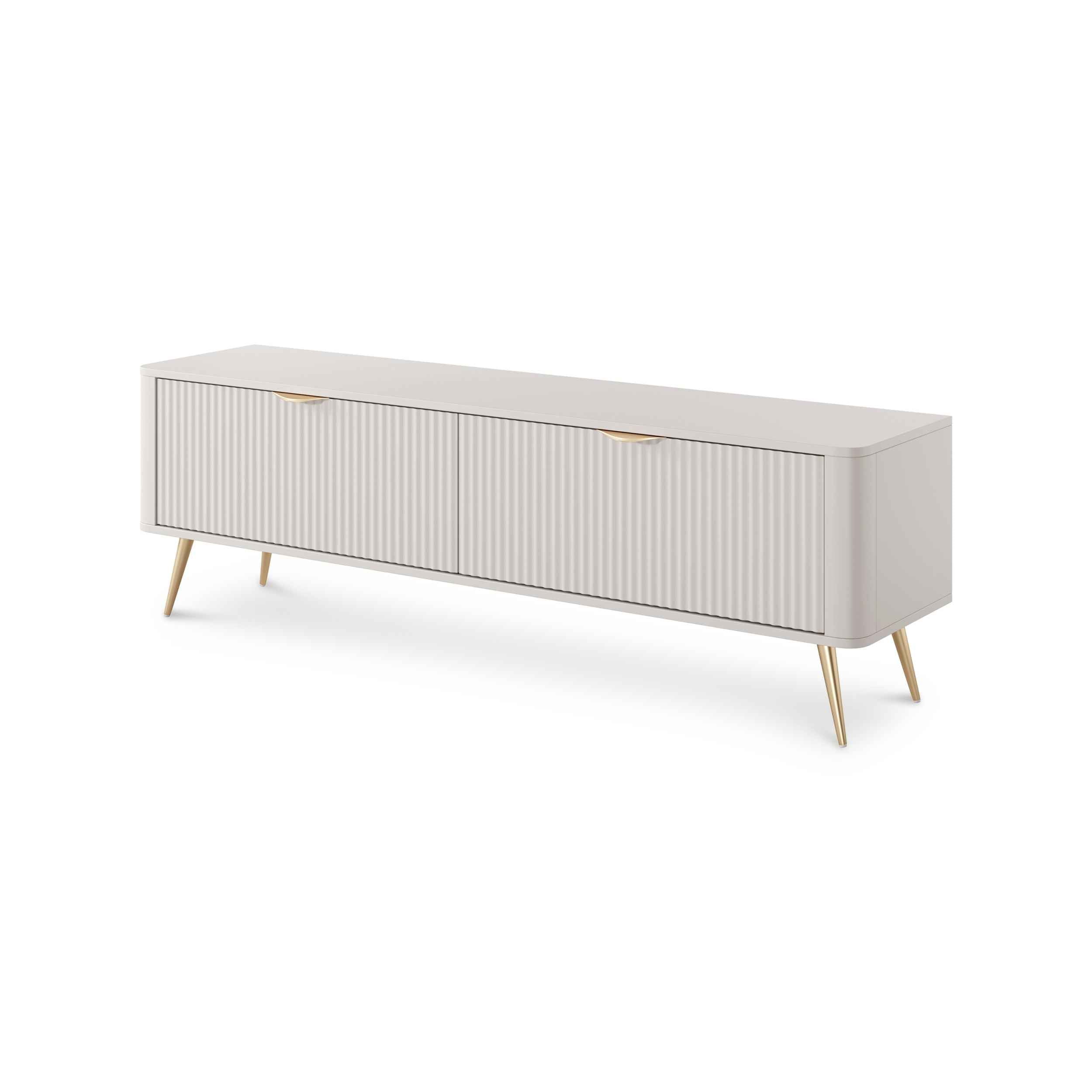 Szafka RTV 163x51 w stylu nowoczesnym - ryflowane fronty MDF, metalowe nogi, dwie szuflady | Laanti