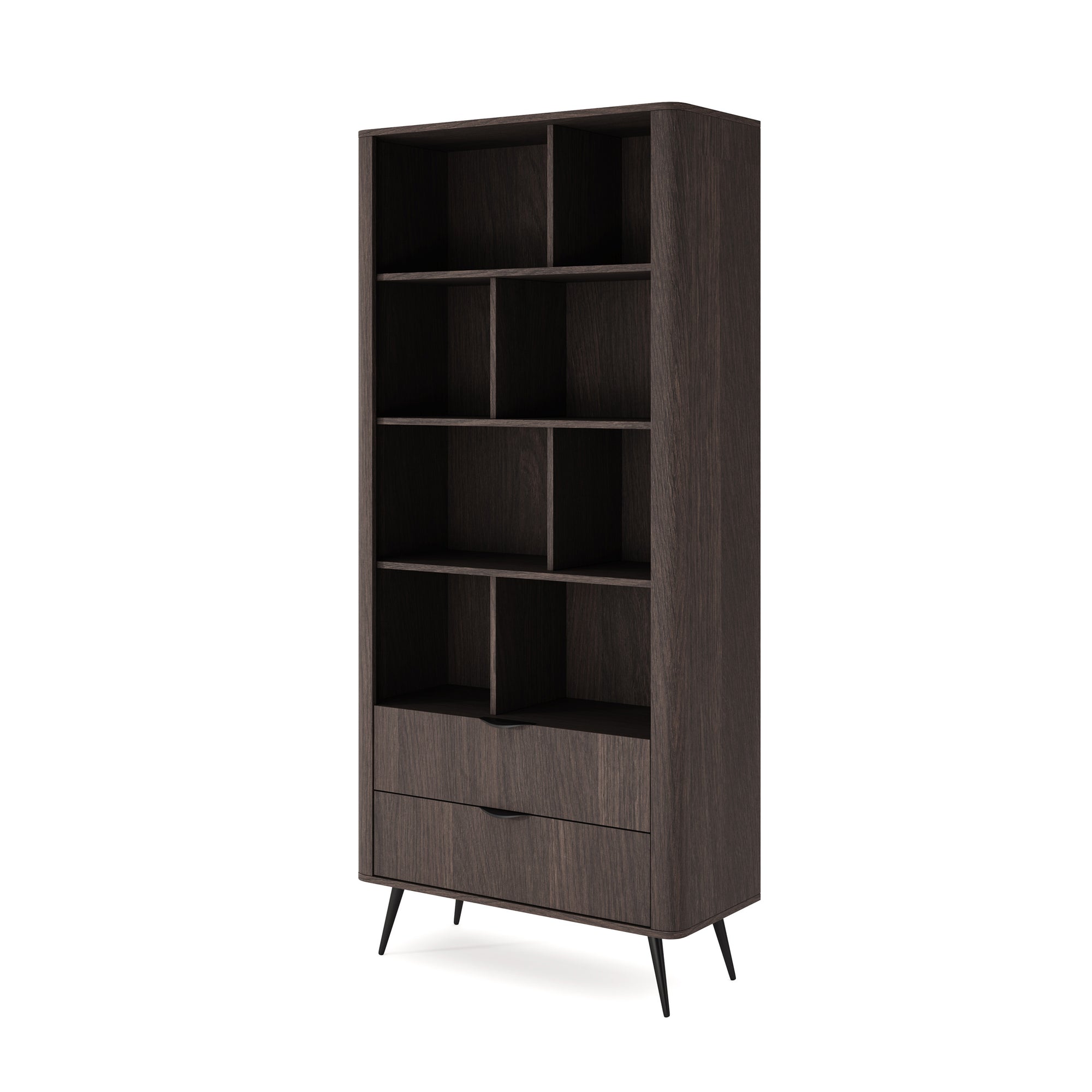 Regał 88x194 z otwartymi półkami i szufladami w stylu soft loft - dąb dunin, czarne uchwyty, ryflowany detal | Velia