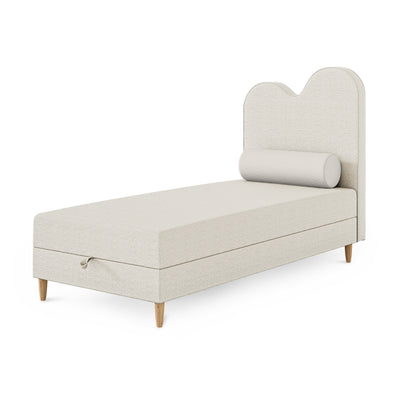 Łóżko dziecięce kontynentalne z falowanym zagłówkiem i pojemnikiem w stylu soft modern | Mellia