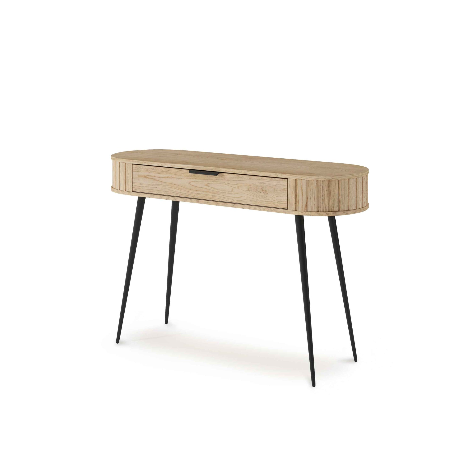 Toaletka z szufladą 120x80 w stylu japandi – dąb Cremona, zaoblone boki, czarne nogi, naturalny dekor | Llovia