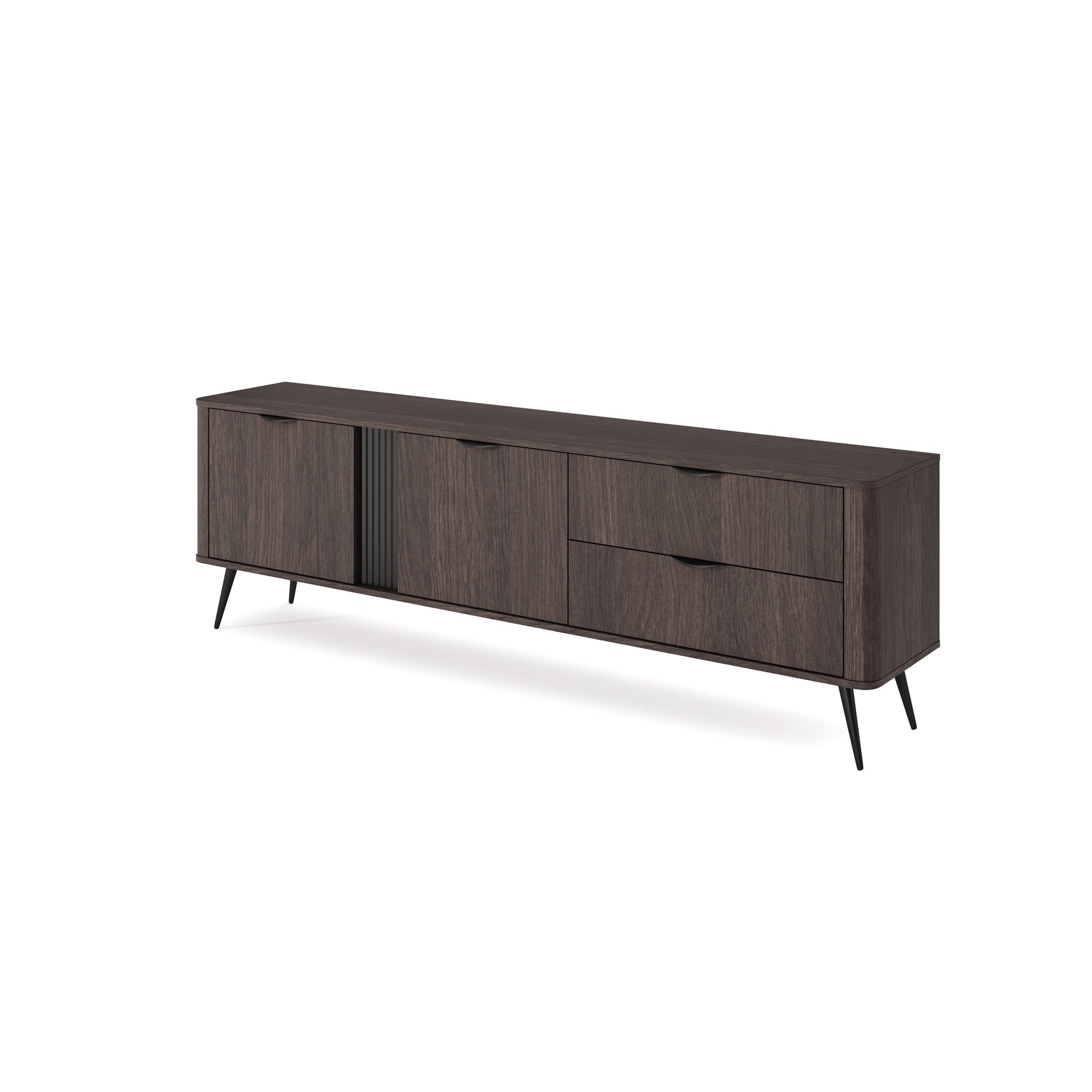 Szafka RTV 195x61 w stylu japandi - dąb dunin, ryflowany front, drewniane nogi | Velia