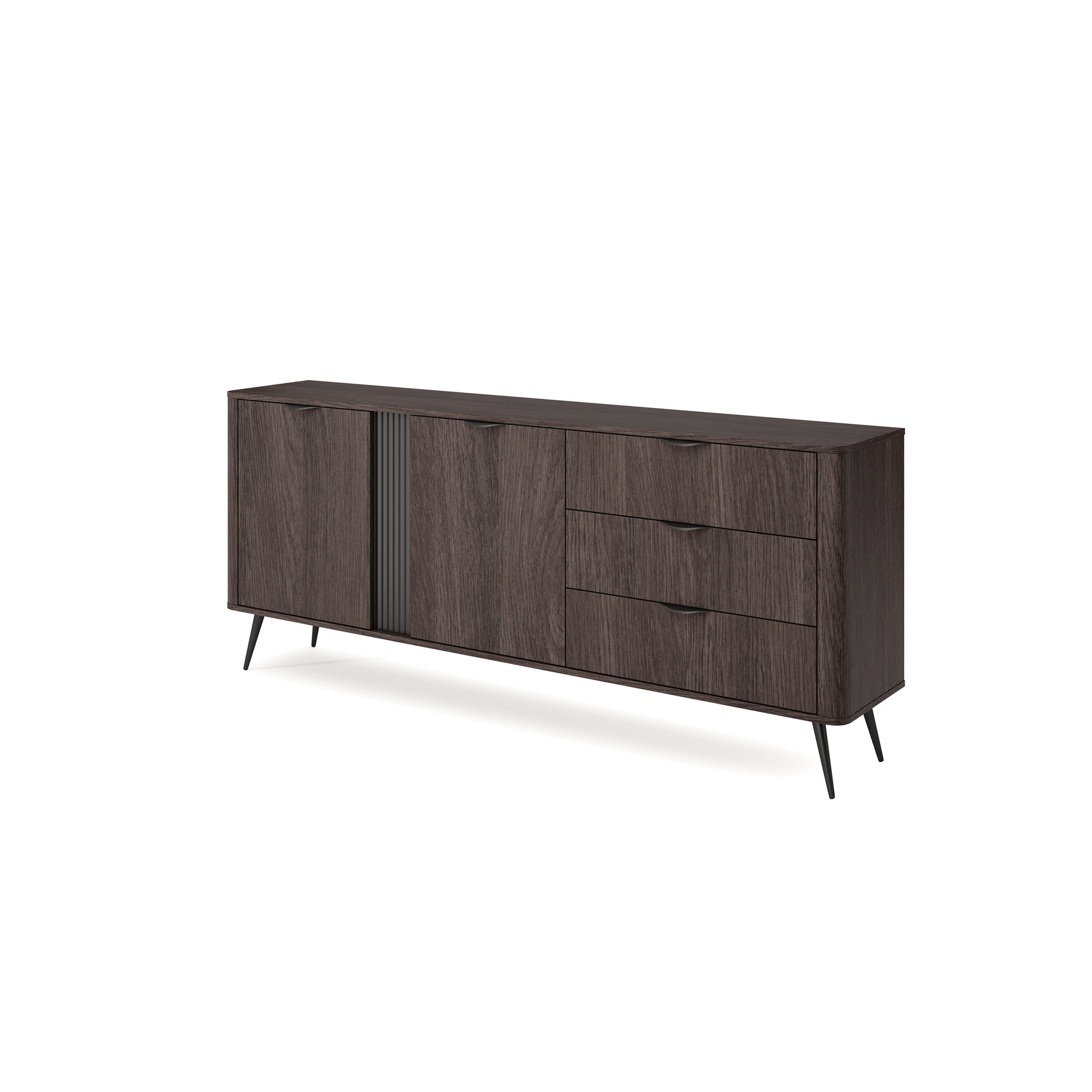 Komoda szeroka 195x81 z szafkami i szufladami w stylu soft loft - dąb dunin, ryflowany detal, czarne uchwyty | Velia