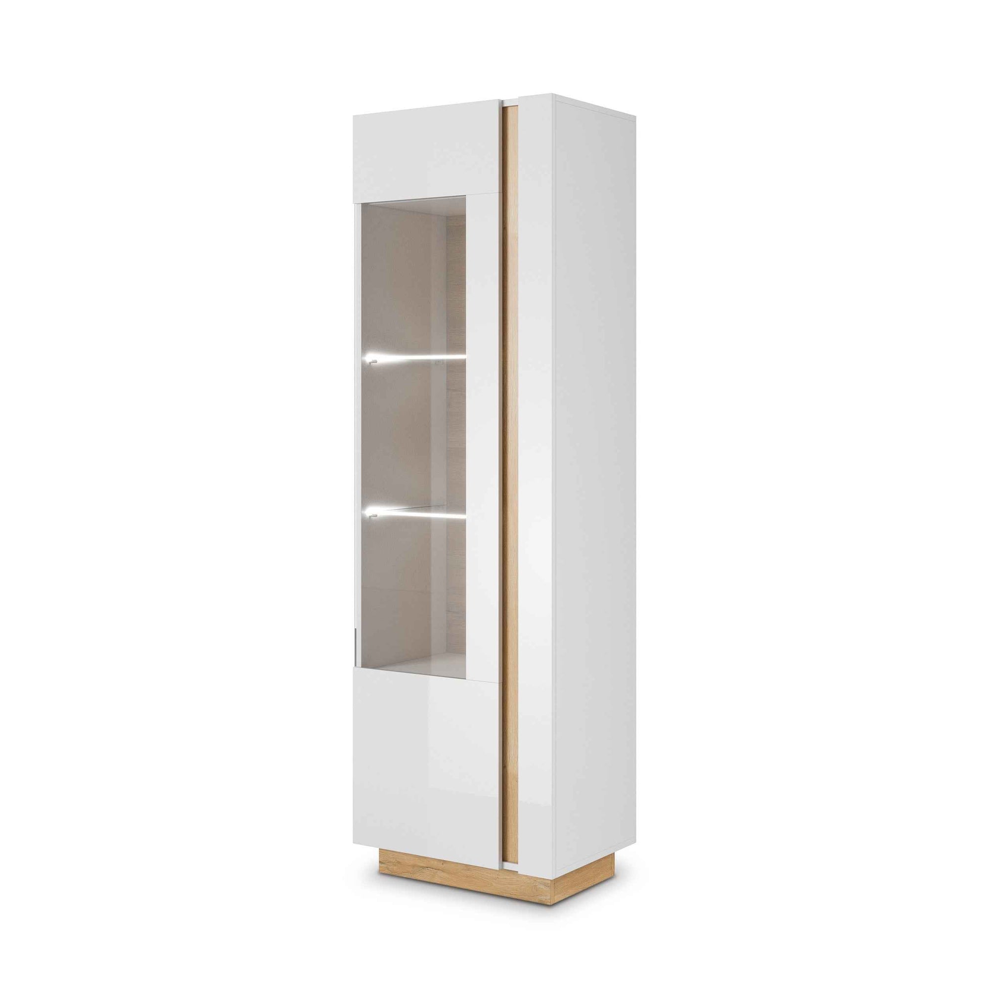Witryna przeszklona 60x194 cm w stylu nowoczesnym – LED, cichy domyk, biały połysk | Armelia