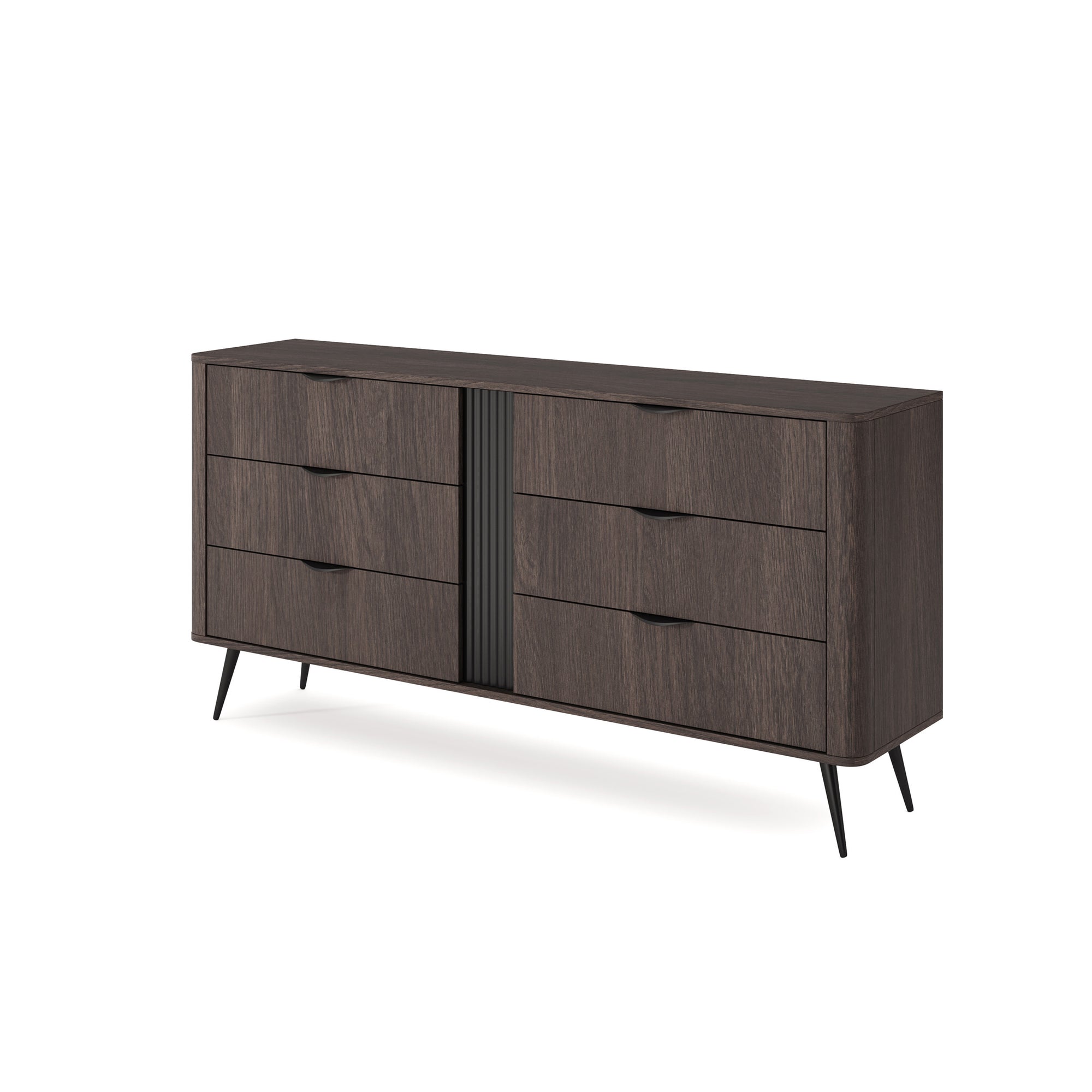 Komoda z 6 szufladami 163x81 w stylu soft loft - dąb dunin, czarne uchwyty, ryflowany detal | Velia
