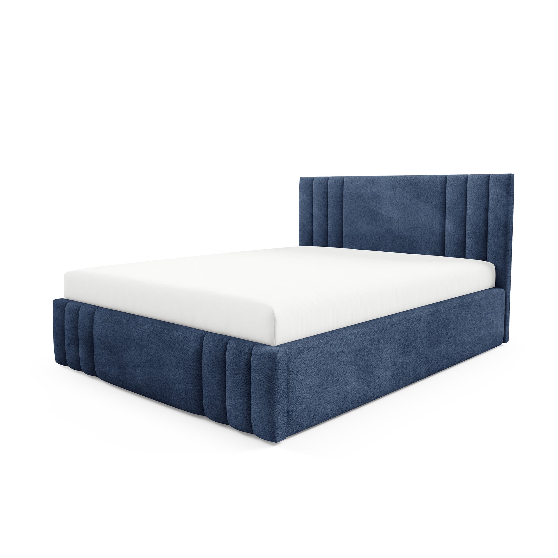 Łóżko tapicerowane z pojemnikiem w różnych rozmiarach w stylu eleganckim - tkanina Coral, pionowe pikowania, wysoki zagłówek | Falda