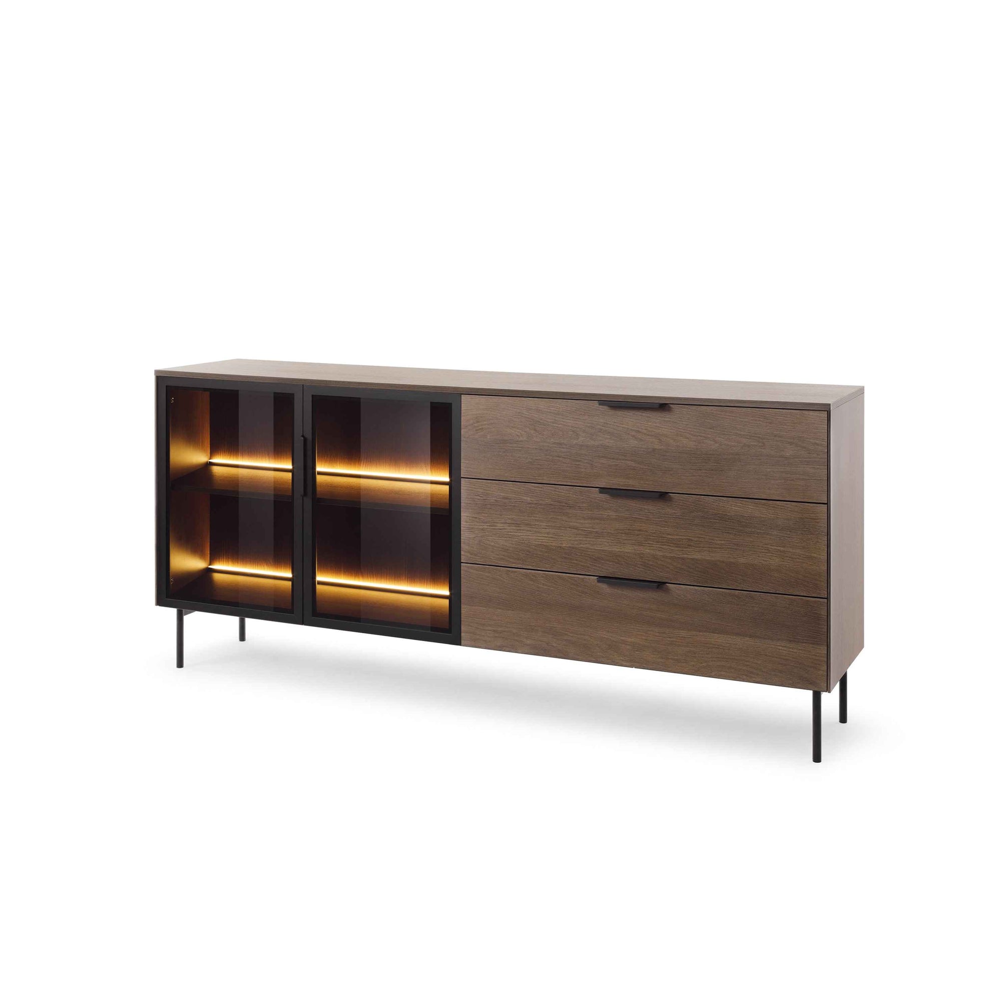 Komoda z drzwiami i szufladami 181x83 w stylu nowoczesnym - szkło hartowane, LED, 3 szuflady | Lummer Dąb Dunin