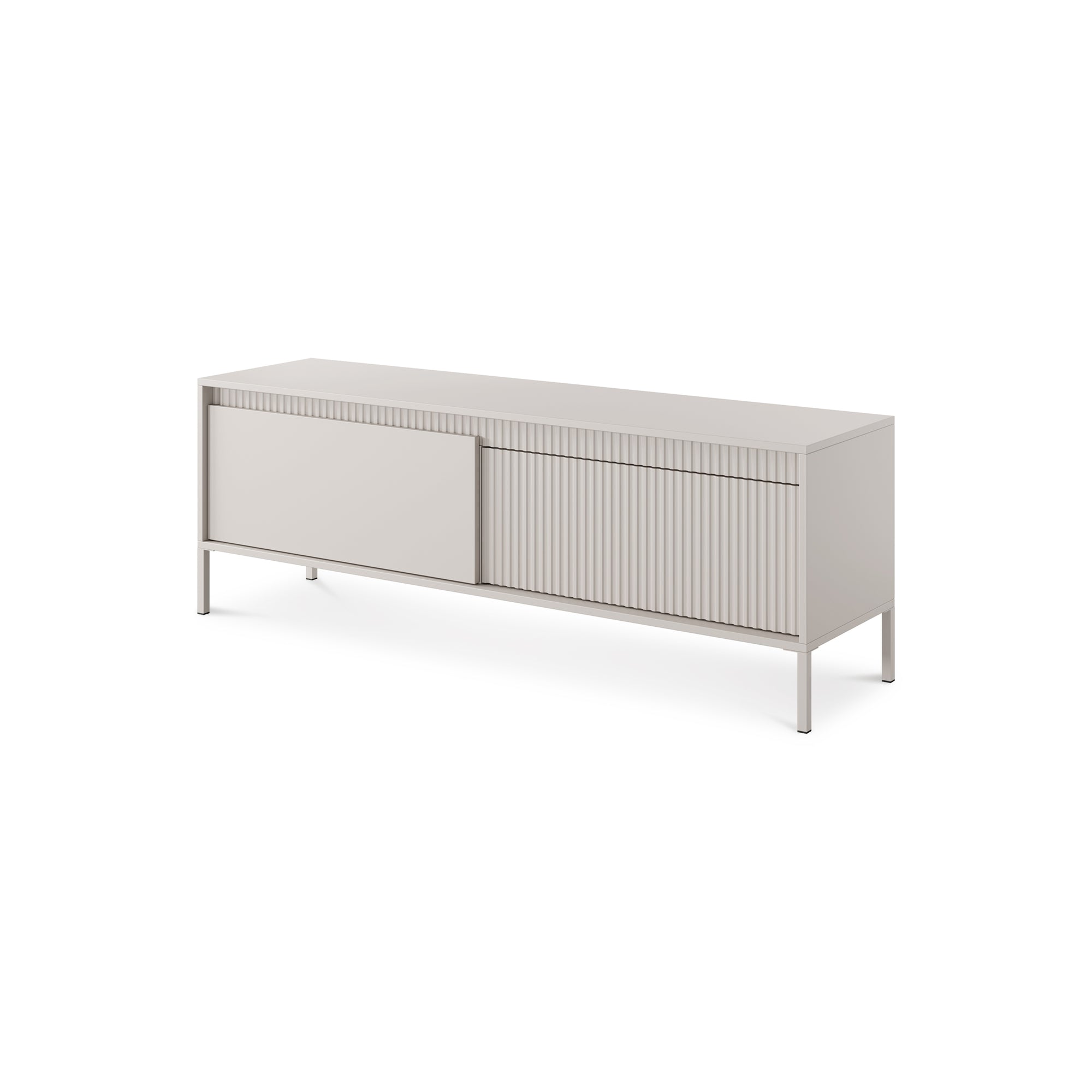 Szafka RTV 154x53 w stylu japandi - beż, ryflowane fronty MDF, metalowe nogi, push-to-open | Senra