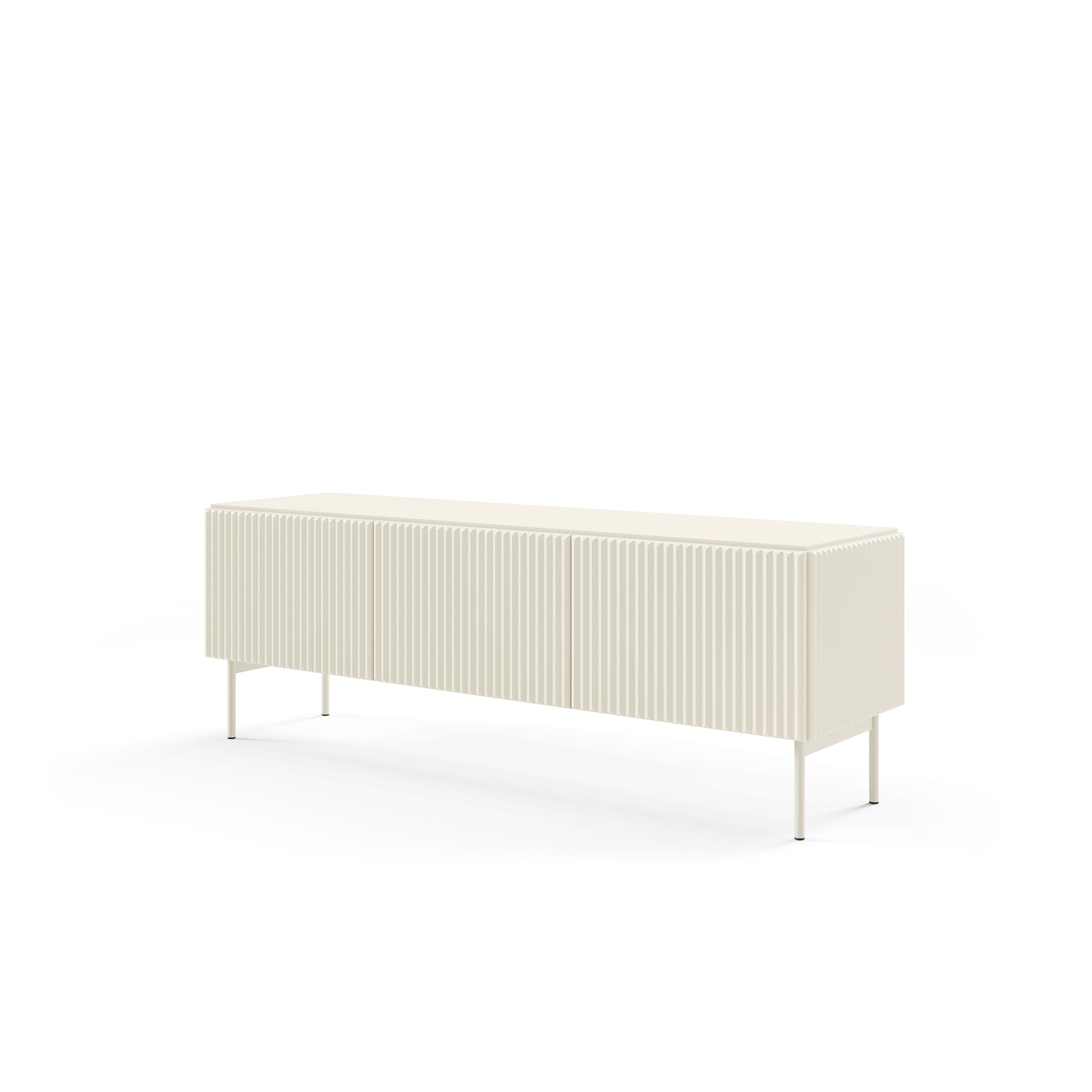 Szafka RTV 147x51 w stylu nowoczesnym - kaszmir, ryflowane fronty MDF, system push-to-open | MuzZI