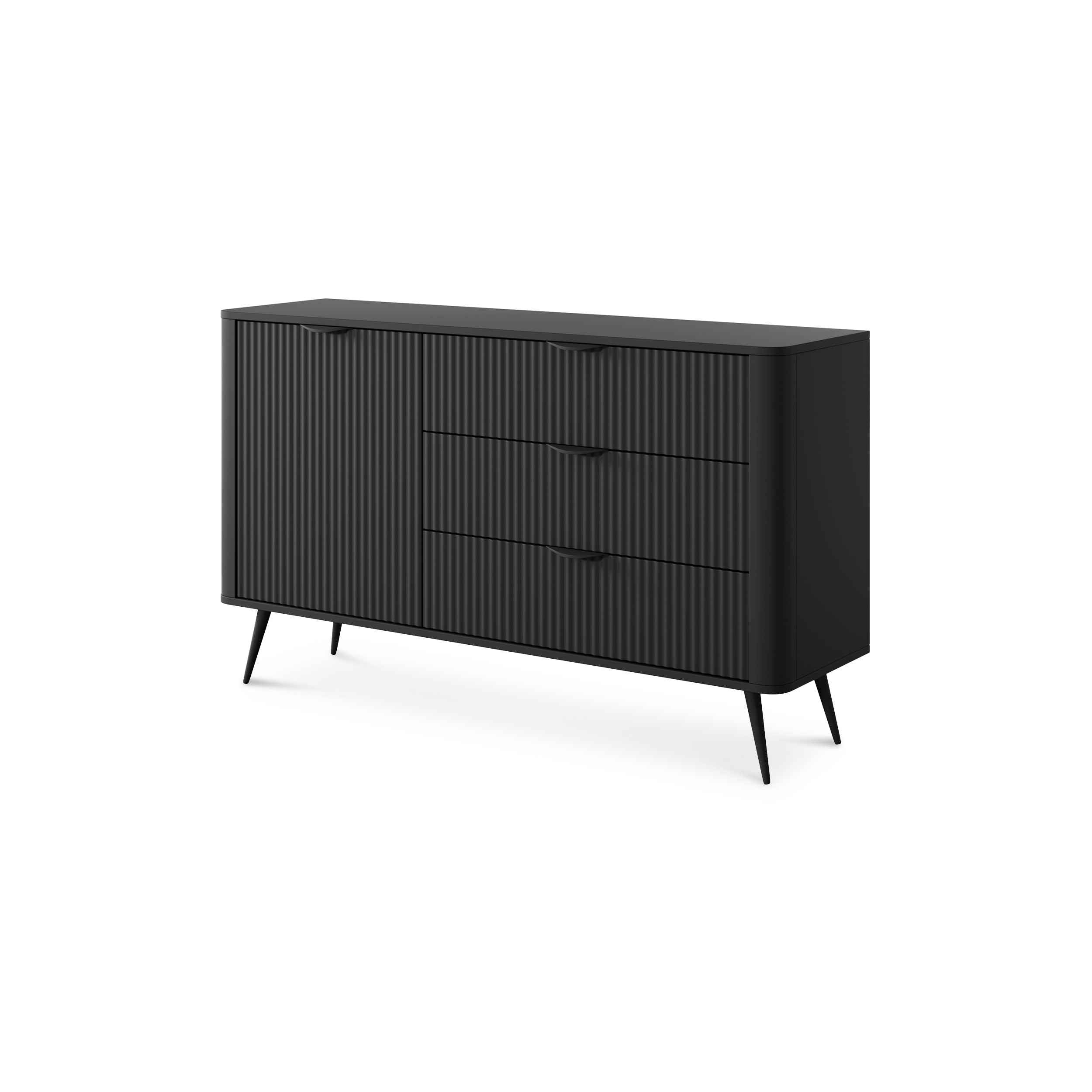 Komoda 138x81 z szufladami i drzwiami w stylu eleganckim - ryflowane fronty, metalowe nogi, 3 szuflady | Laanti Czarny