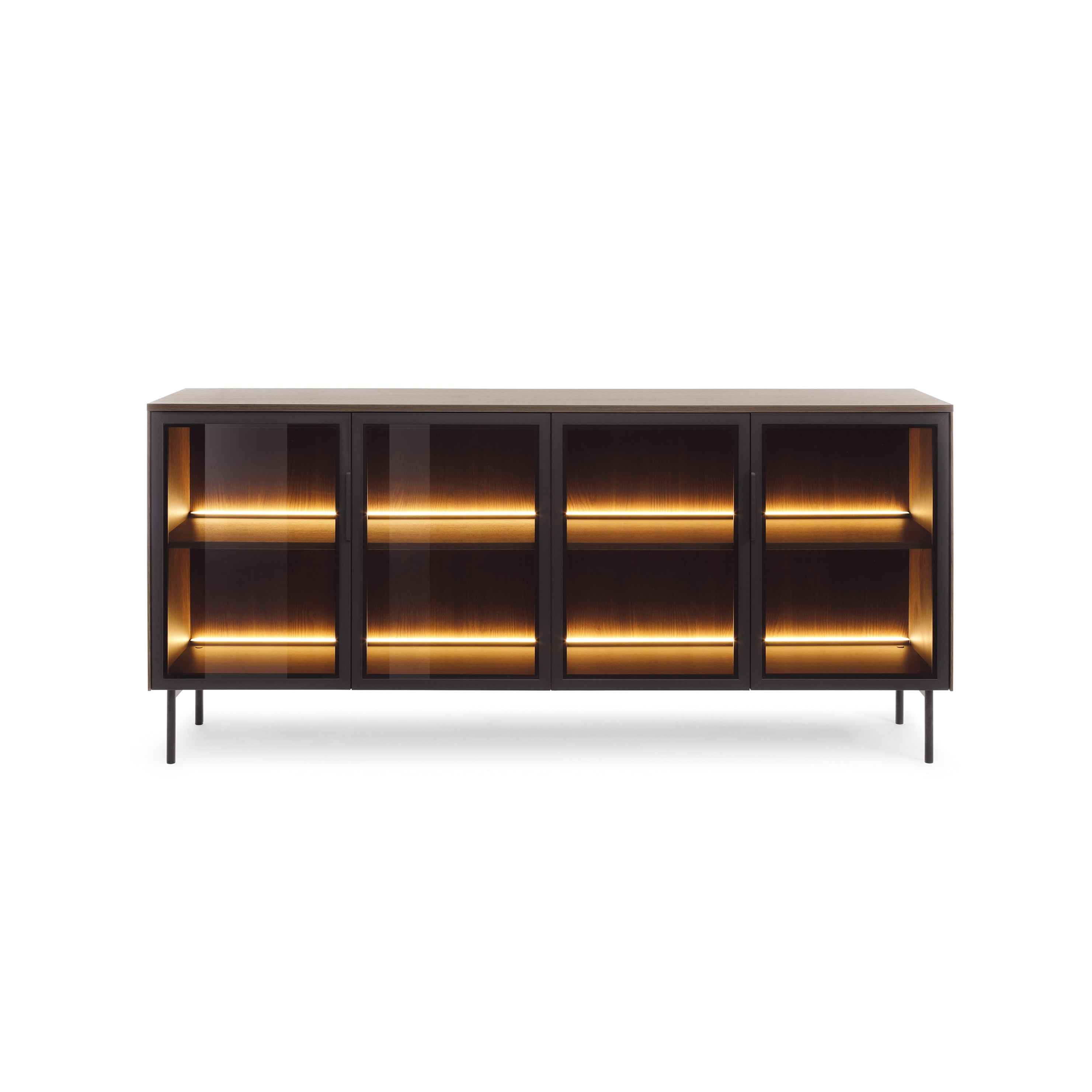 Komoda 181x83 z drzwiami w stylu eleganckim - przeszklone fronty flutes, metalowe nogi, LED | Lummer