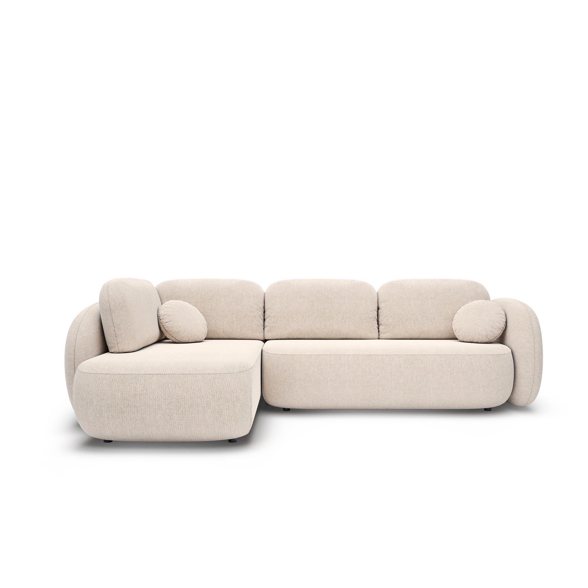 Narożnik z funkcją spania o powierzchni 123x250 w stylu organic modern - tkanina Aragon, zaokrąglona forma, dekoracyjne poduszki | OLEMO