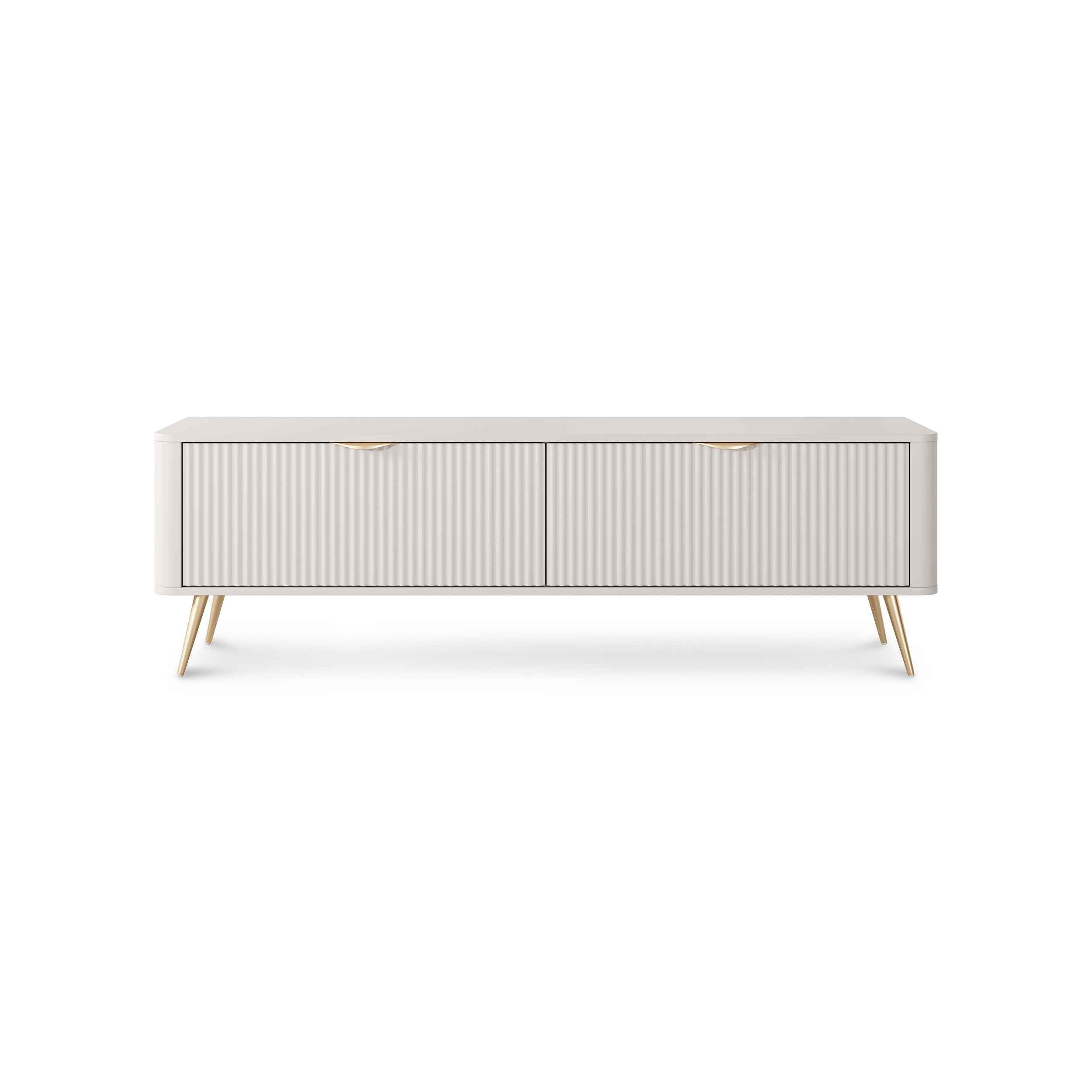 Szafka RTV 163x51 w stylu nowoczesnym - ryflowane fronty MDF, metalowe nogi, dwie szuflady | Laanti