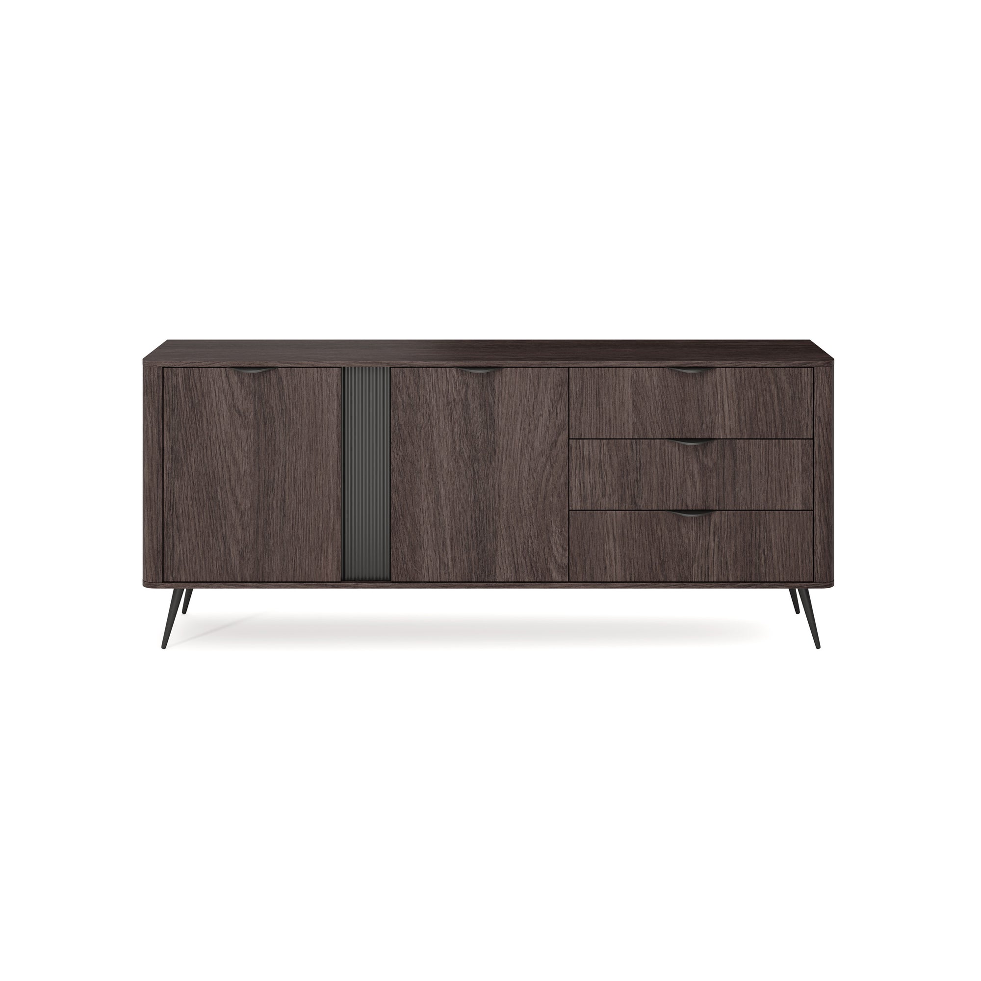 Komoda szeroka 195x81 z szafkami i szufladami w stylu soft loft - dąb dunin, ryflowany detal, czarne uchwyty | Velia