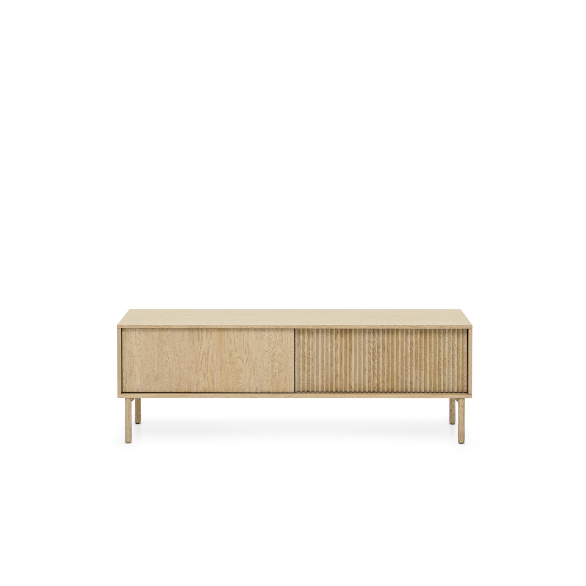 Szafka RTV 154x52 w stylu japandi - dąb cremona, ryflowane fronty MDF, push-to-open | Viola
