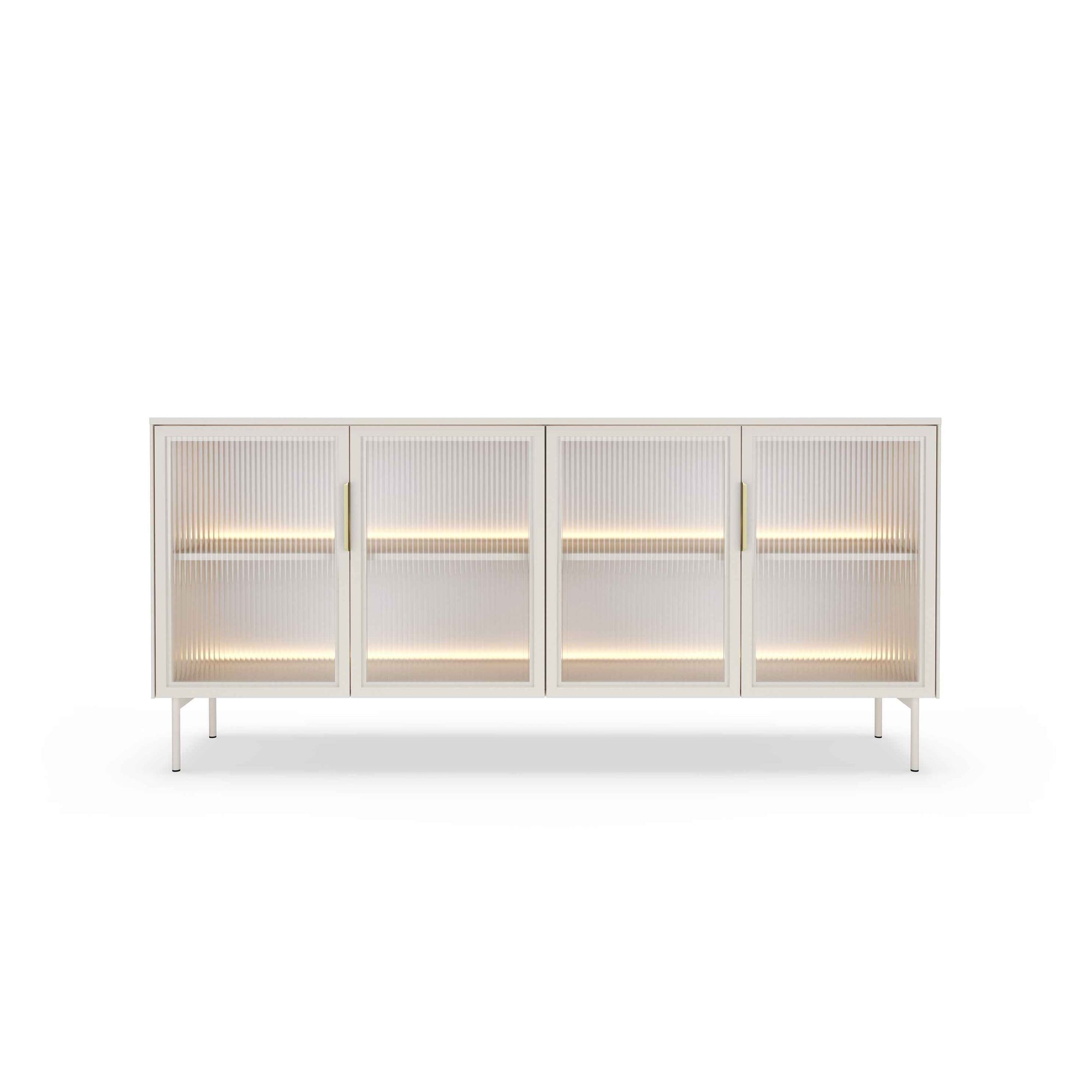 Komoda 181x83 z drzwiami w stylu eleganckim - przeszklone fronty flutes, metalowe nogi, LED | Lummer