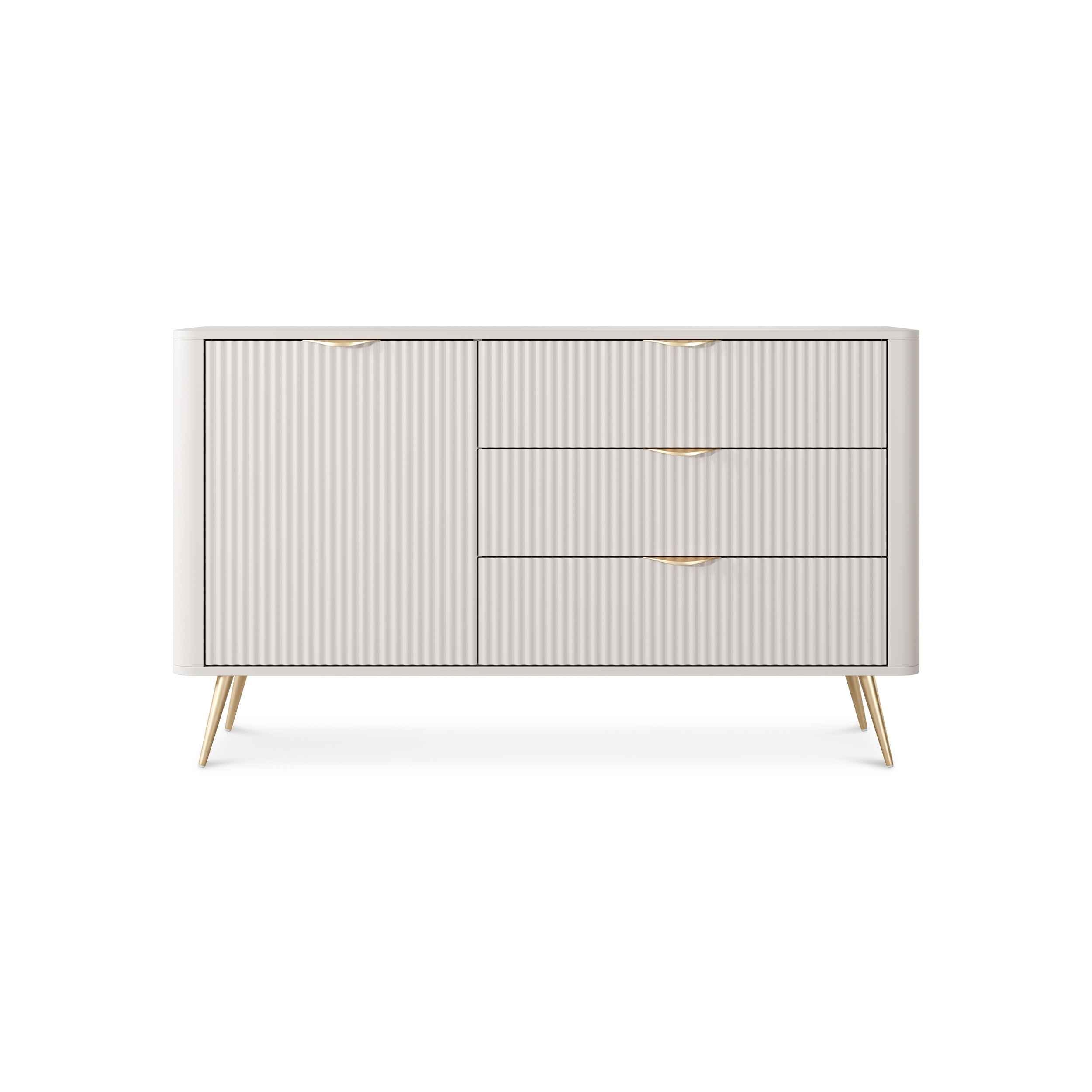 Komoda 138x81 z szufladami i drzwiami w stylu eleganckim - ryflowane fronty, metalowe nogi, 3 szuflady | Laanti