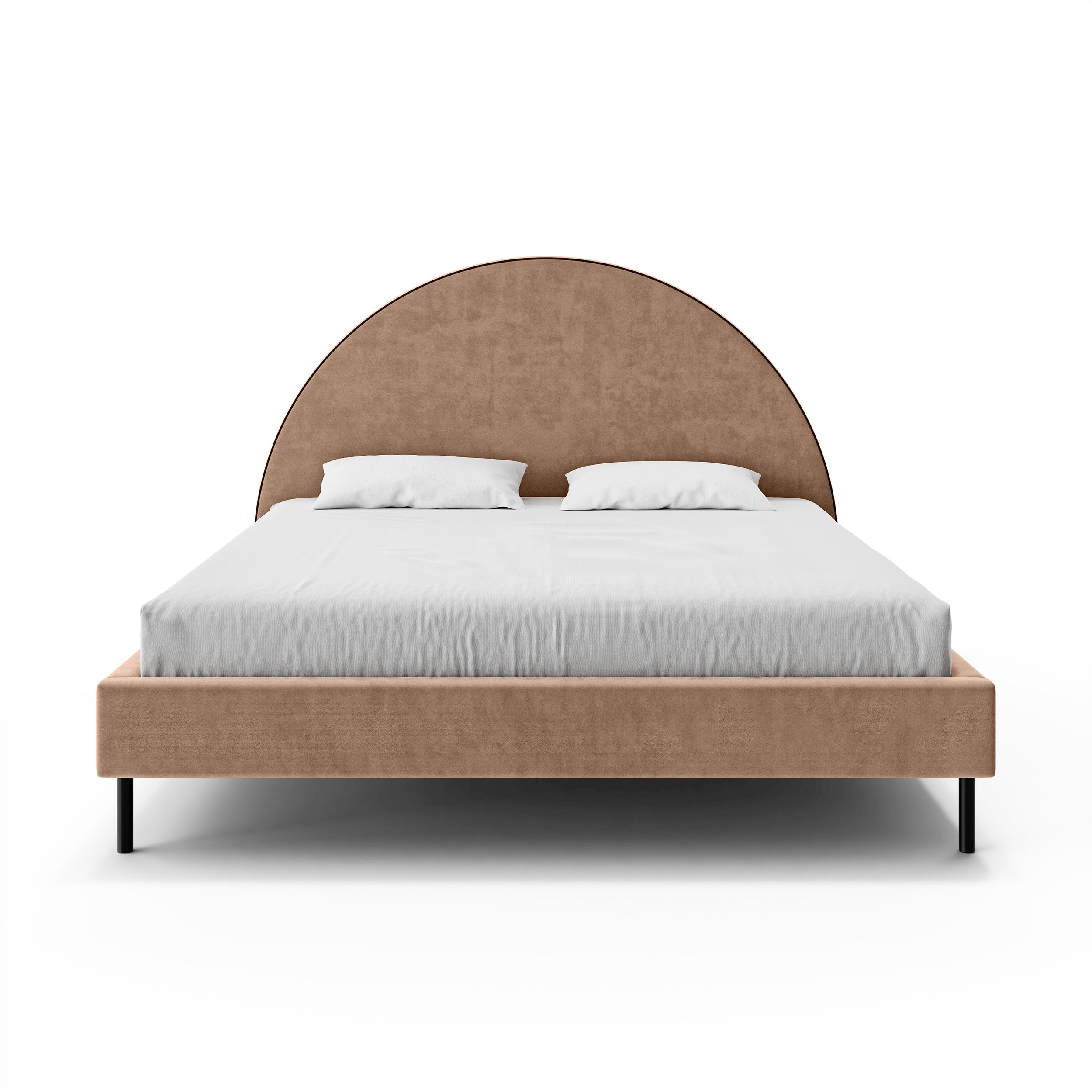 Łóżko tapicerowane z półokrągłym zagłówkiem i pojemnikiem w stylu soft modern | Zora