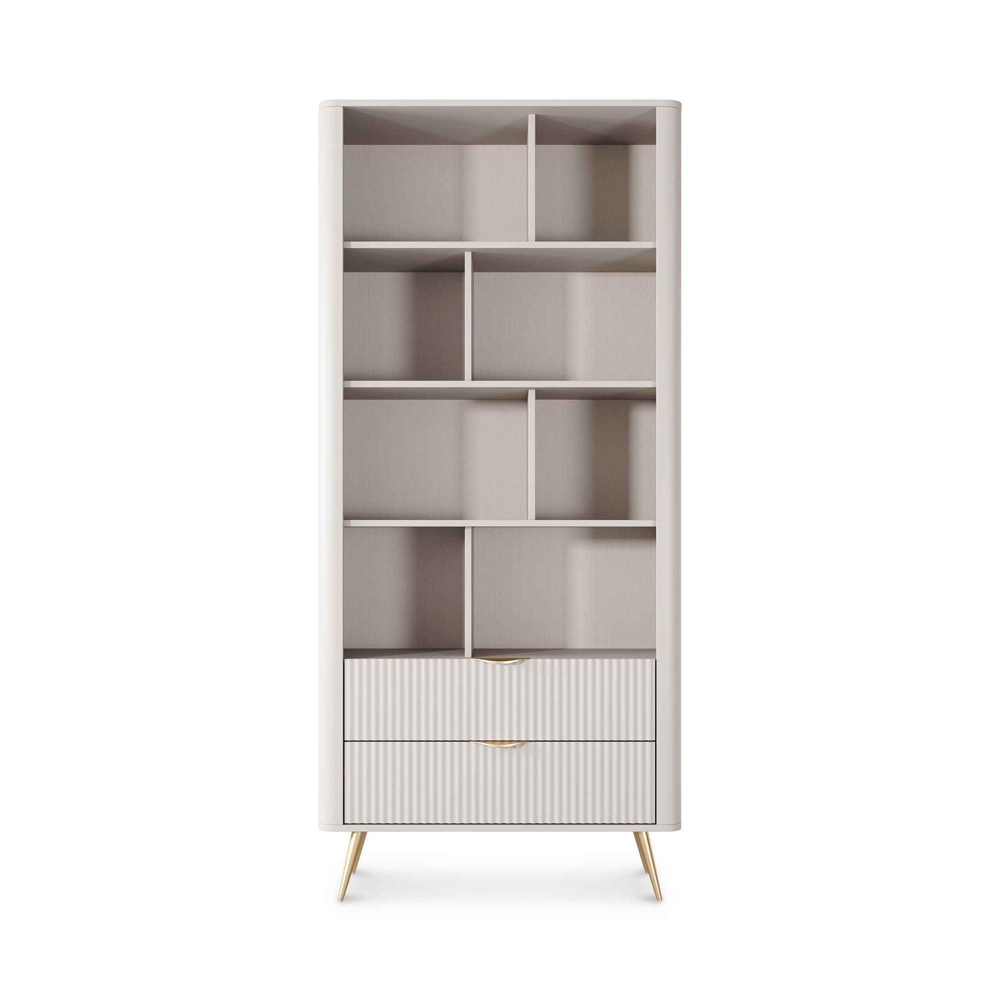 Regał 88x194 z półkami w stylu eleganckim - zaoblone krawędzie, metalowe uchwyty | Laanti