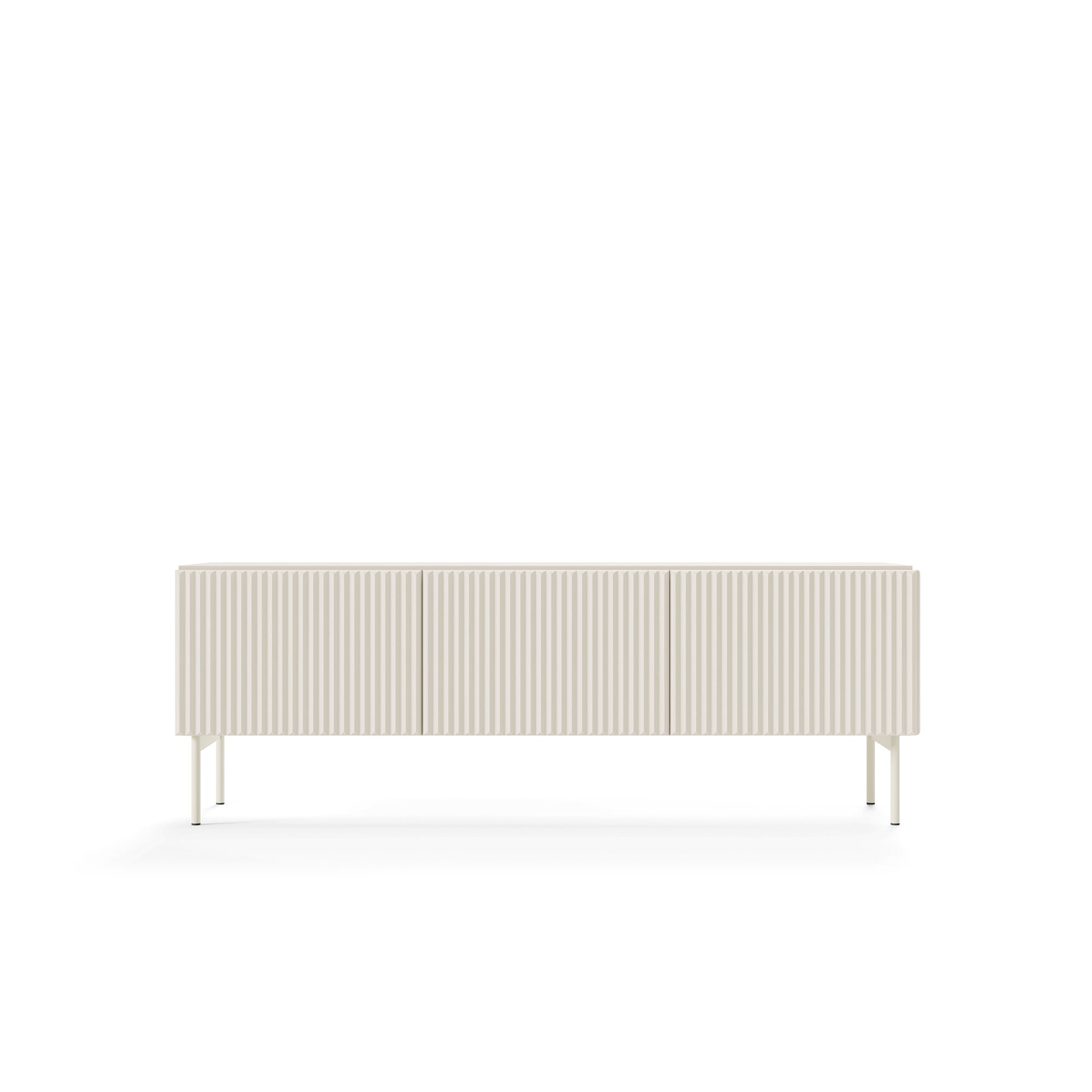 Szafka RTV 147x51 w stylu nowoczesnym - kaszmir, ryflowane fronty MDF, system push-to-open | MuzZI