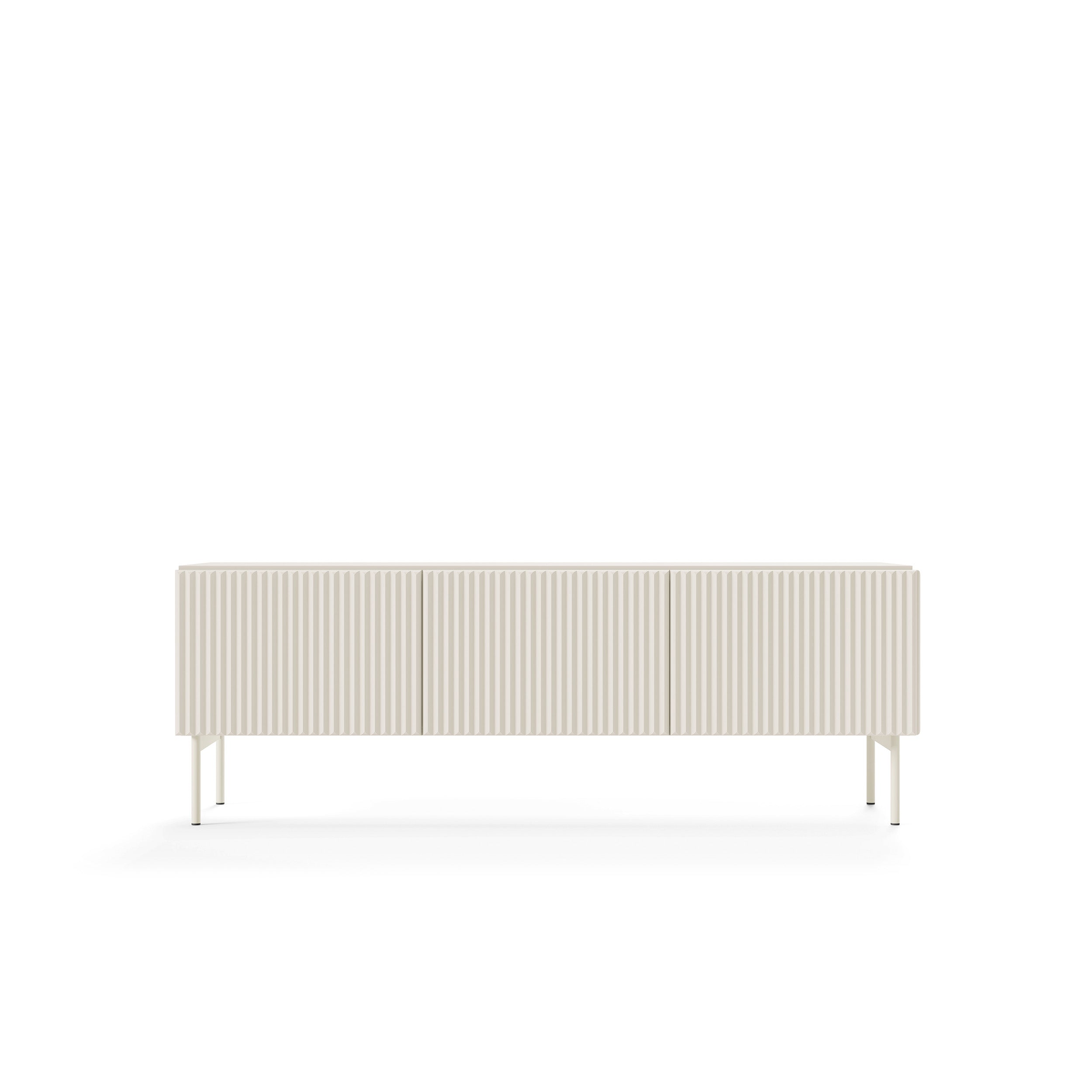 Szafka RTV 147x51 w stylu nowoczesnym - kaszmir, ryflowane fronty MDF, system push-to-open | MuzZI