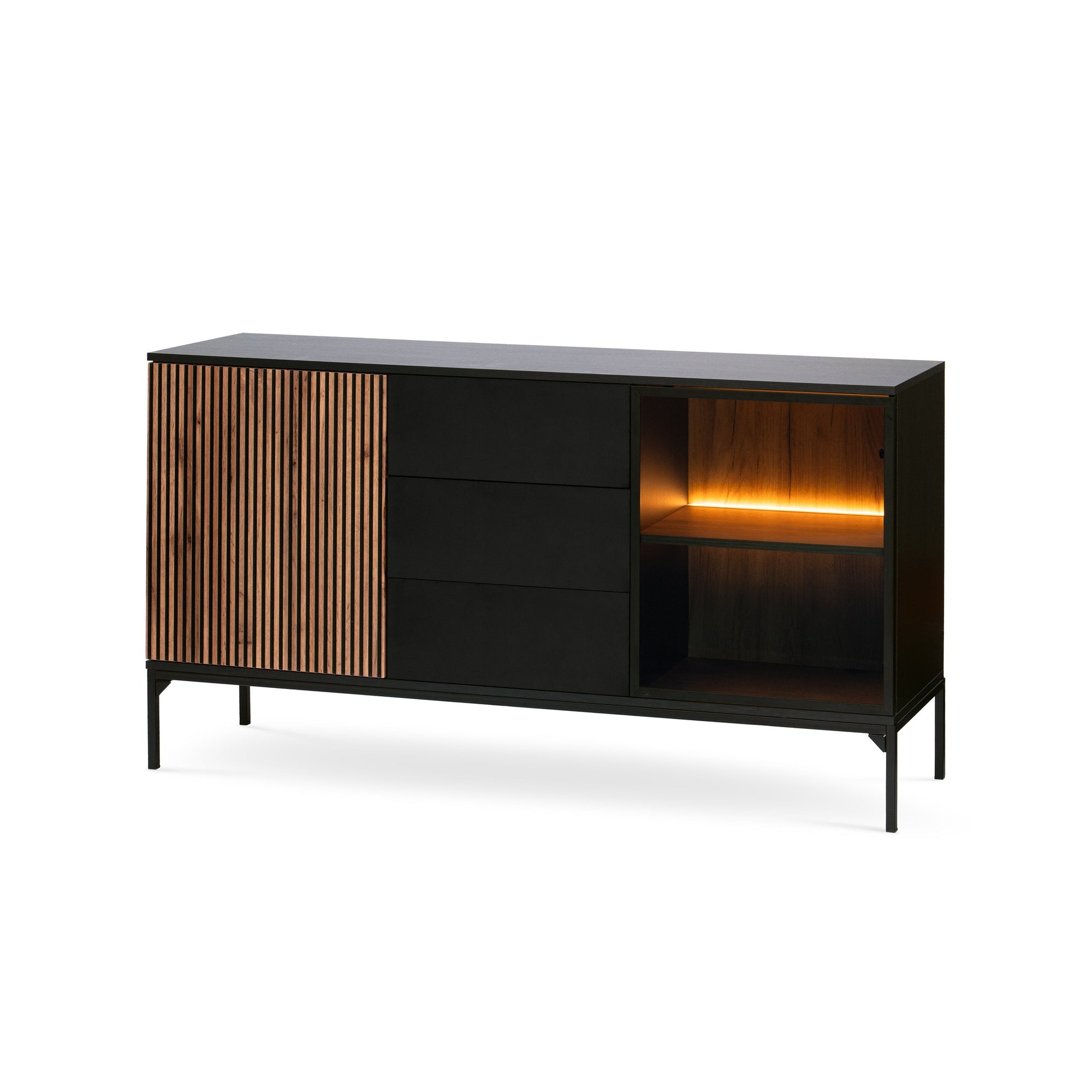 Komoda z szufladami i drzwiami 154x83 w stylu loft - LED, lamele, szkło antisol | Lampy Czarny
