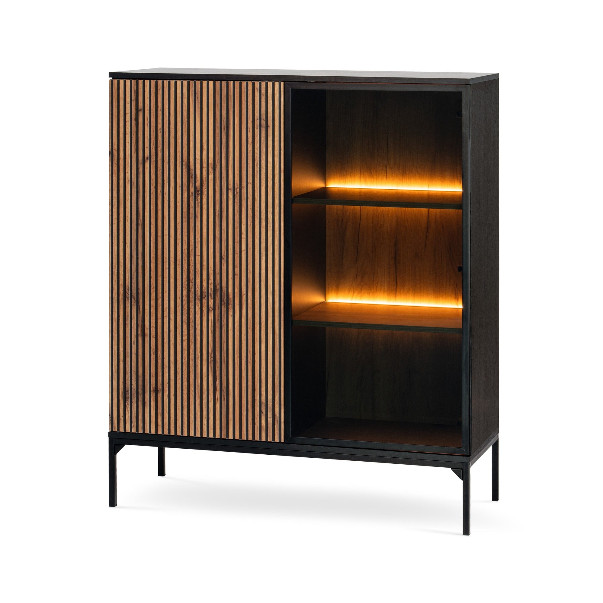 Komoda z drzwiami i szufladą 104x126 w stylu loft - LED, lamele, push-to-open | Lampy Czarny