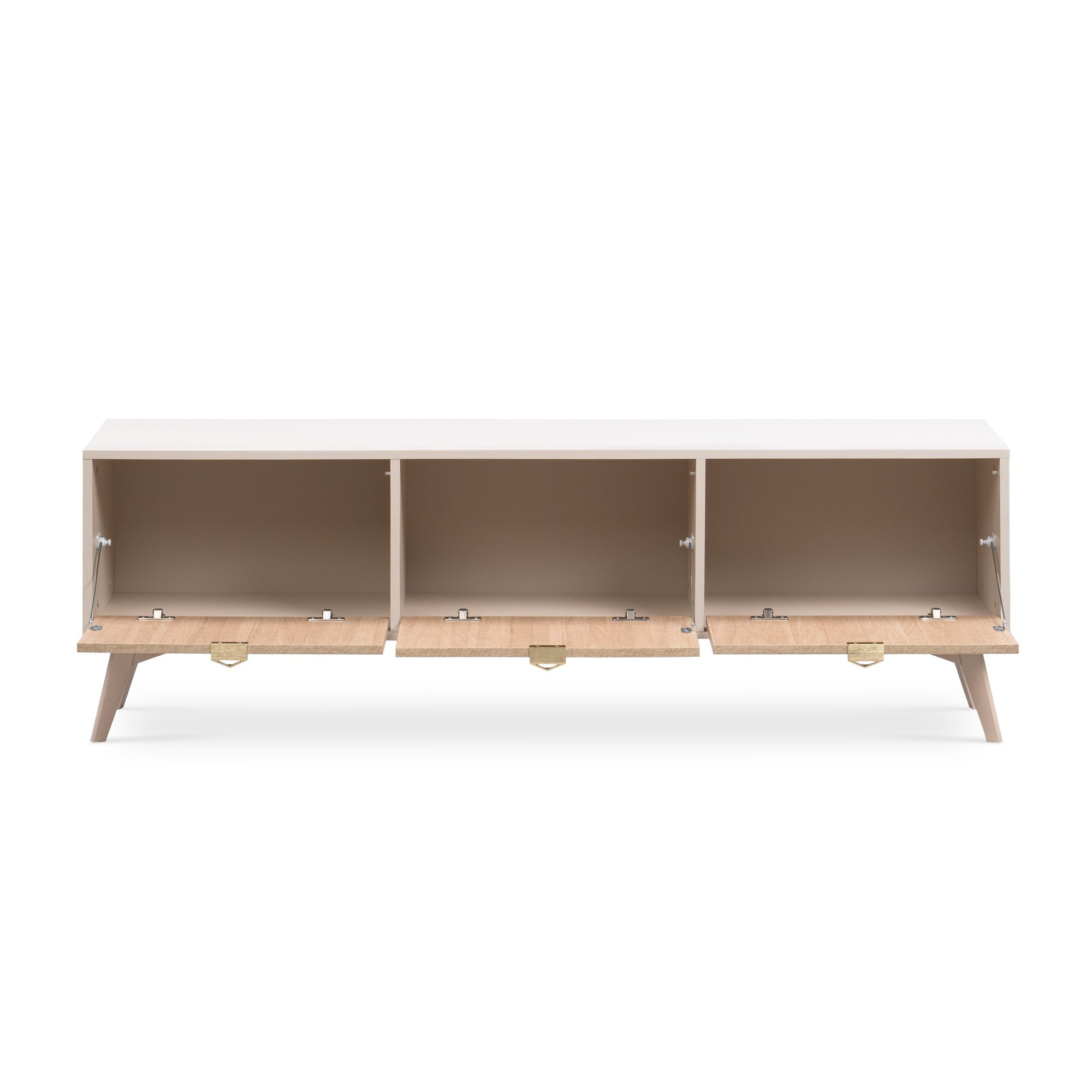 Szafka RTV 158x52 w stylu boho - fronty w jodełkę scandi, złote uchwyty, drewniane nogi | Mandala
