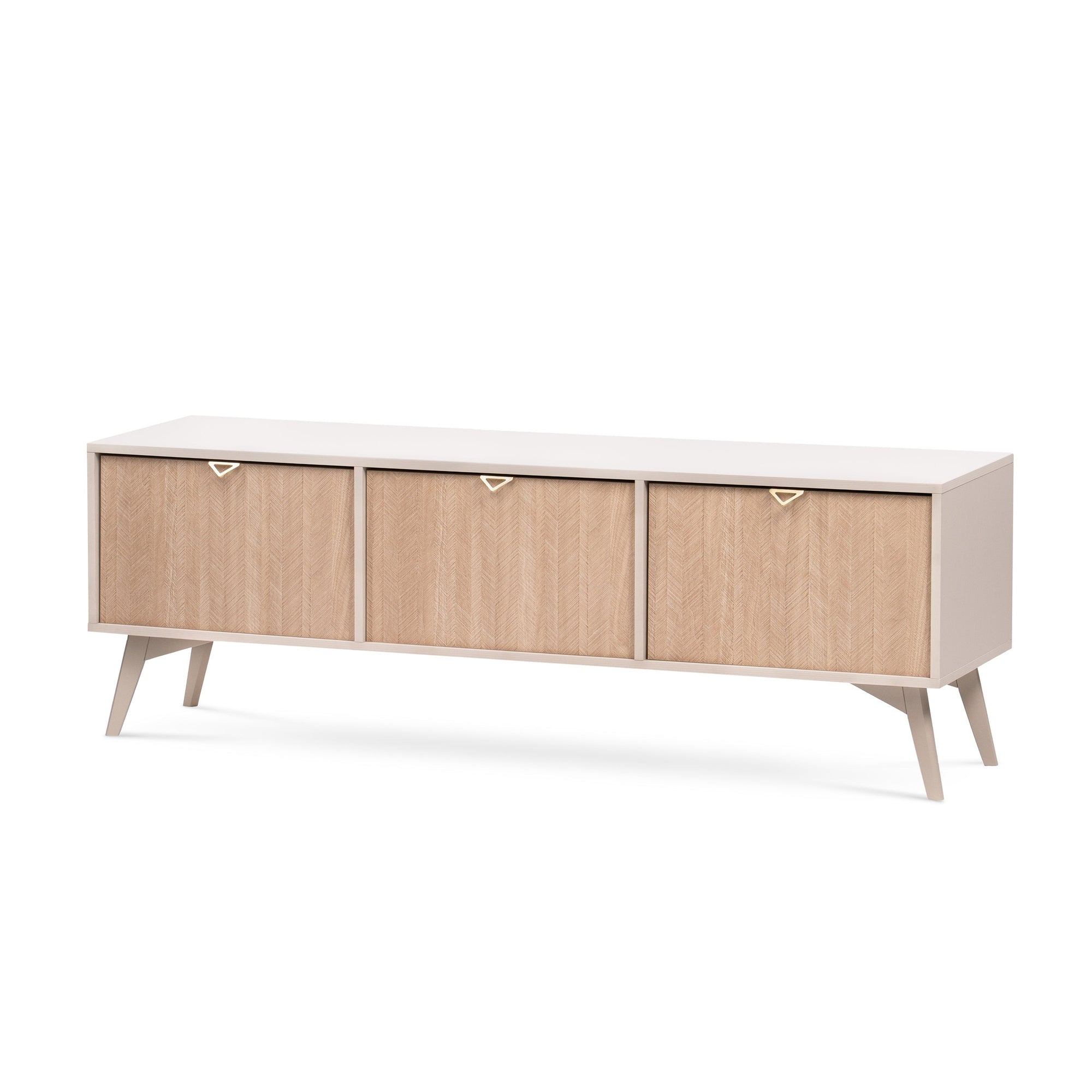 Szafka RTV 158x52 w stylu boho - fronty w jodełkę scandi, złote uchwyty, drewniane nogi | Mandala Beż Piaskowy
