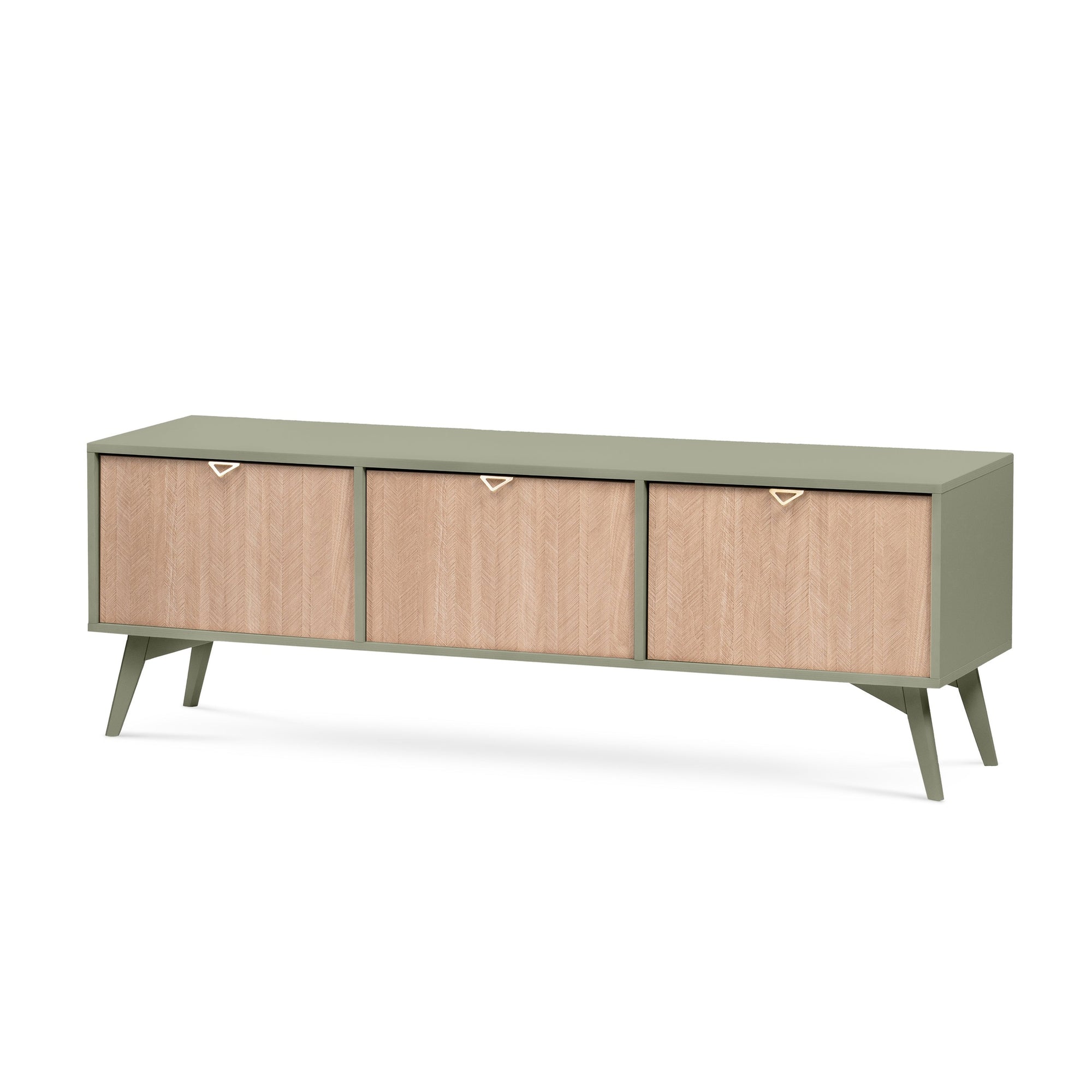 Szafka RTV 158x52 w stylu boho - fronty w jodełkę scandi, złote uchwyty, drewniane nogi | Mandala Eukaliptus