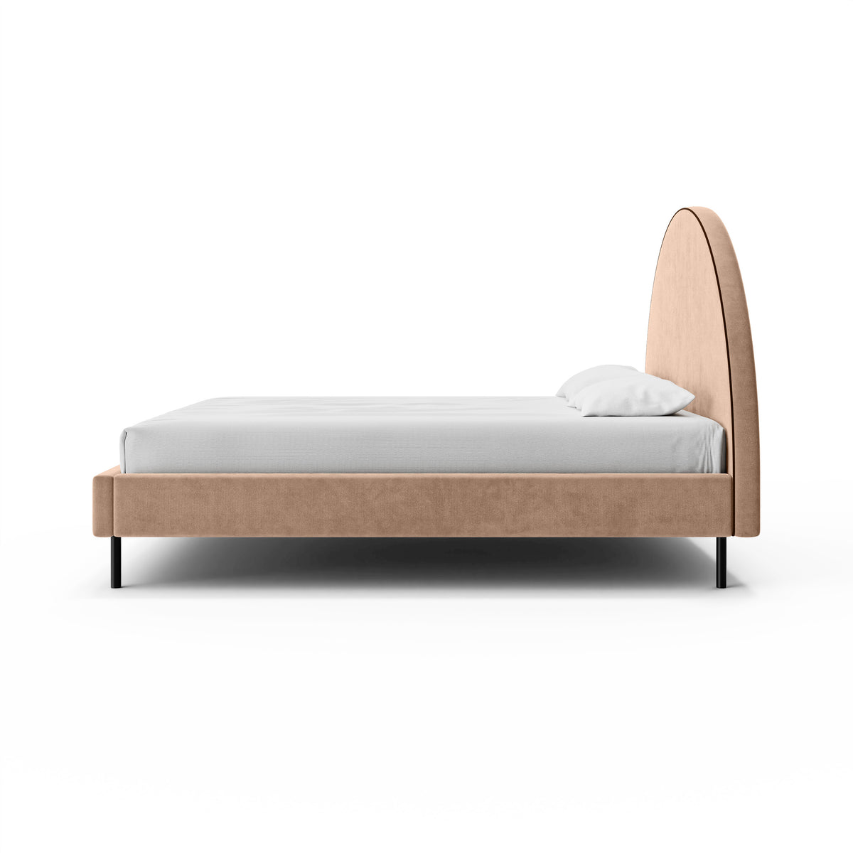 Łóżko tapicerowane z półokrągłym zagłówkiem i pojemnikiem w stylu soft modern | Zora