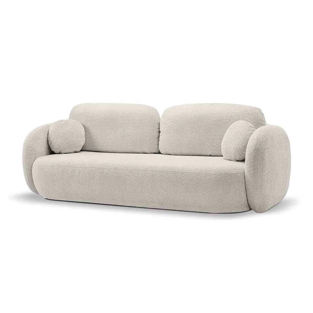 Sofa z funkcją spania 142x200 w stylu nowoczesnym – Abriamo, zaoblona forma, pojemnik | OLEMO Piaszczysta Duna (ABRIAMO 03)