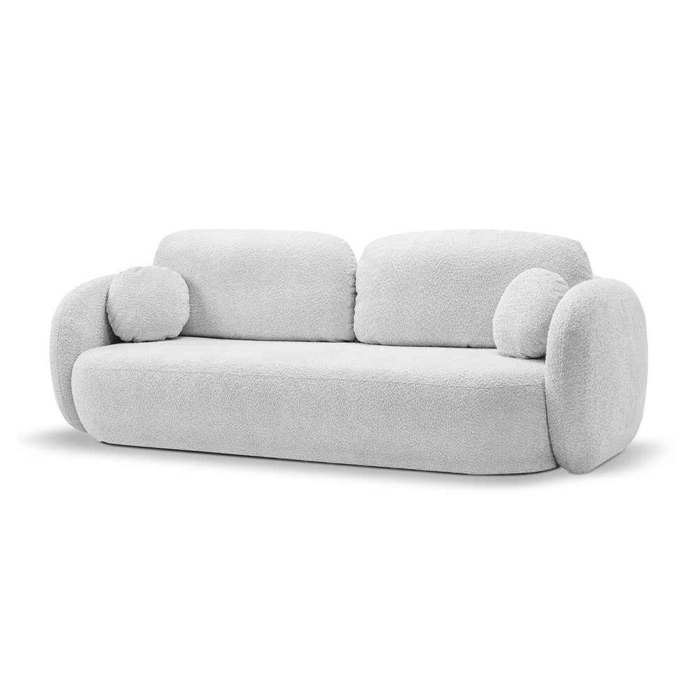 Sofa z funkcją spania 142x200 w stylu nowoczesnym – Abriamo, zaoblona forma, pojemnik | OLEMO Perłowy Popiół (ABRIAMO 05)