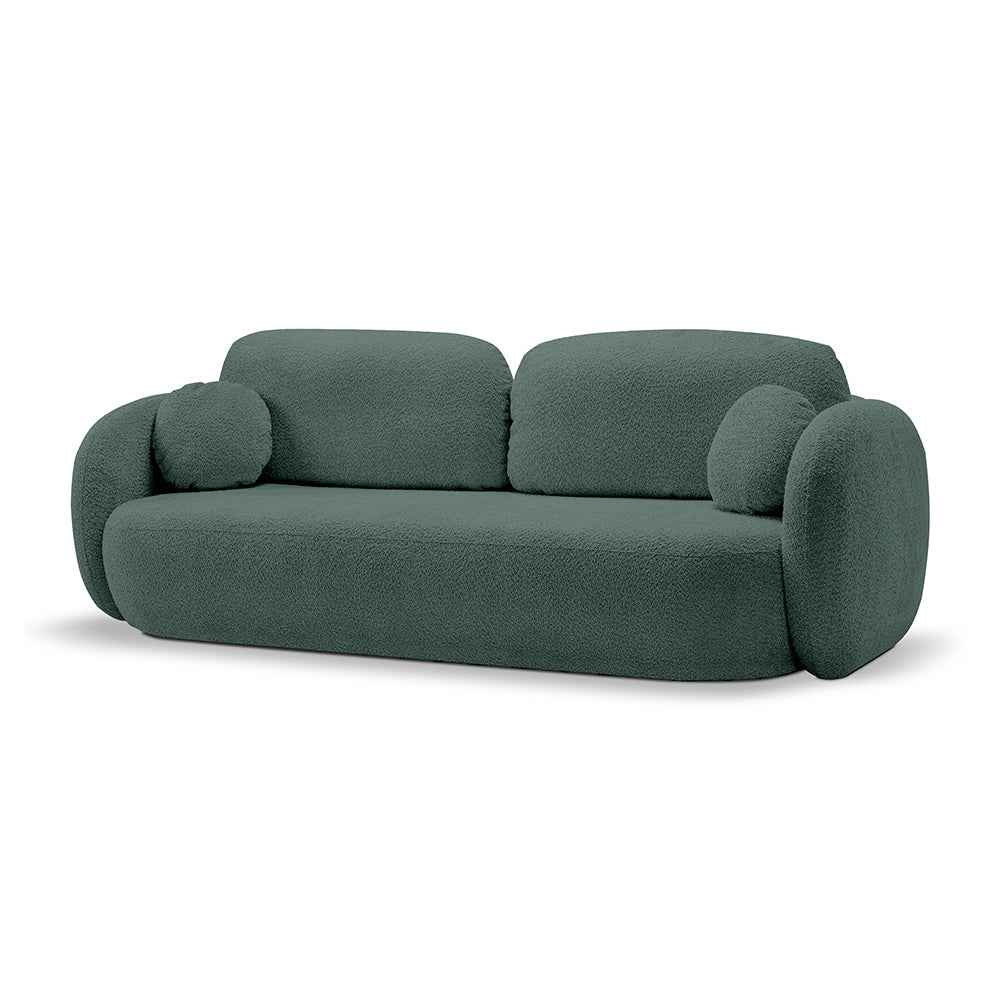 Sofa z funkcją spania 142x200 w stylu nowoczesnym – Abriamo, zaoblona forma, pojemnik | OLEMO Leśna Głębia (ABRIAMO 09)